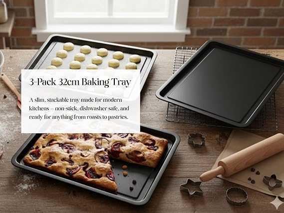 3-Pack - Essentials Baking Oven Sheet Set 32cm - Easy Cleaning Baking Tray/Pan, Non-Stick Tin, Multi-Pack Set Oven Trays - Dishwasher Safe and Easy Clean