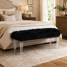 46 Inch Black Bedroom Bench, Benches for Bedroom Black Faux Fur Upholstered Bed end Bench, Tufting Bench Indoor Bench with Acrylic Legs for Living Room Bedroom Dining Room Entryway