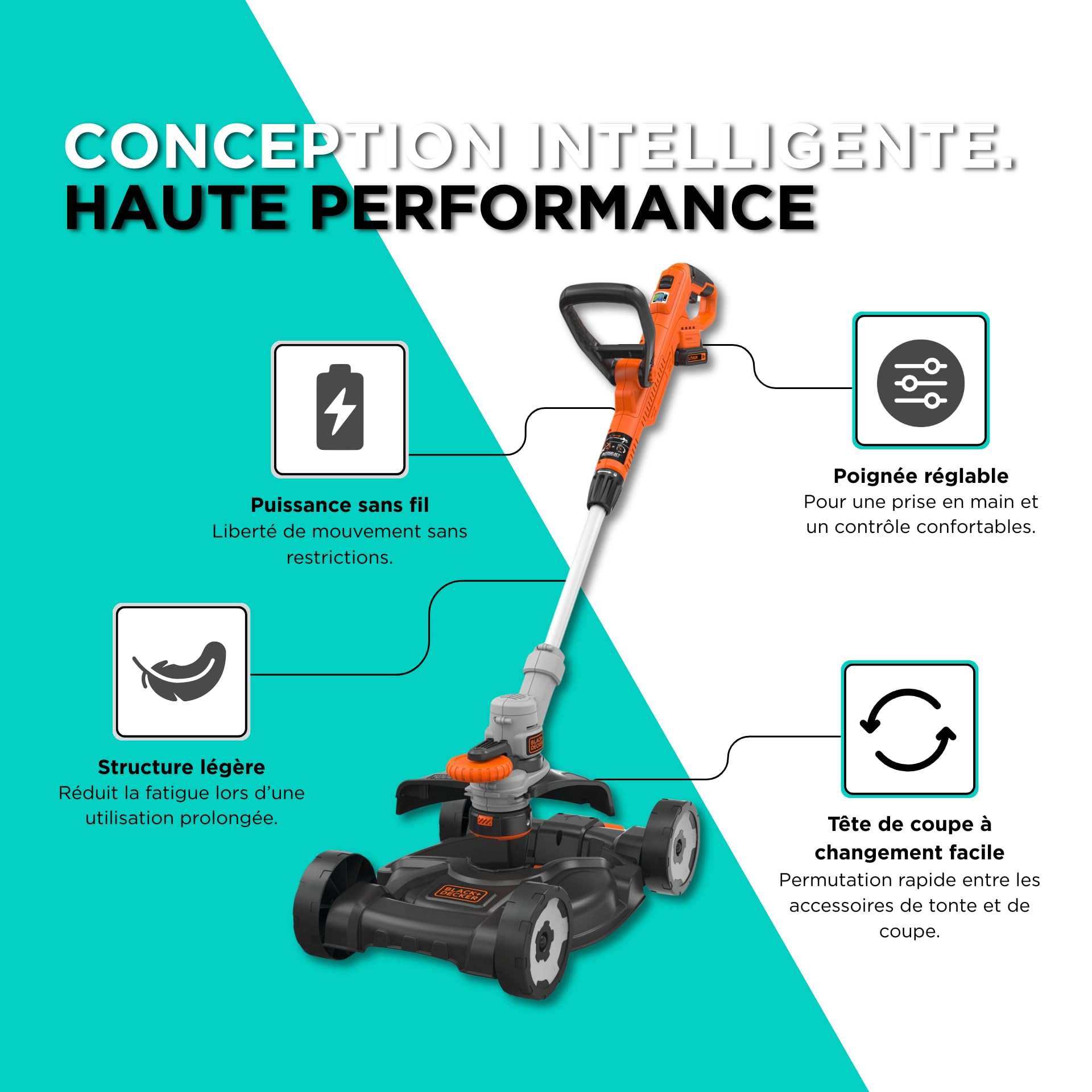 BLACK+DECKER Coupe-Bordures sans Fil 18V POWERCONNECT 3-en-1 – Coupe-Herbe, Dresse-Bordures & Tondeuse légère pour Petits Jardins – STC1820CM-QW