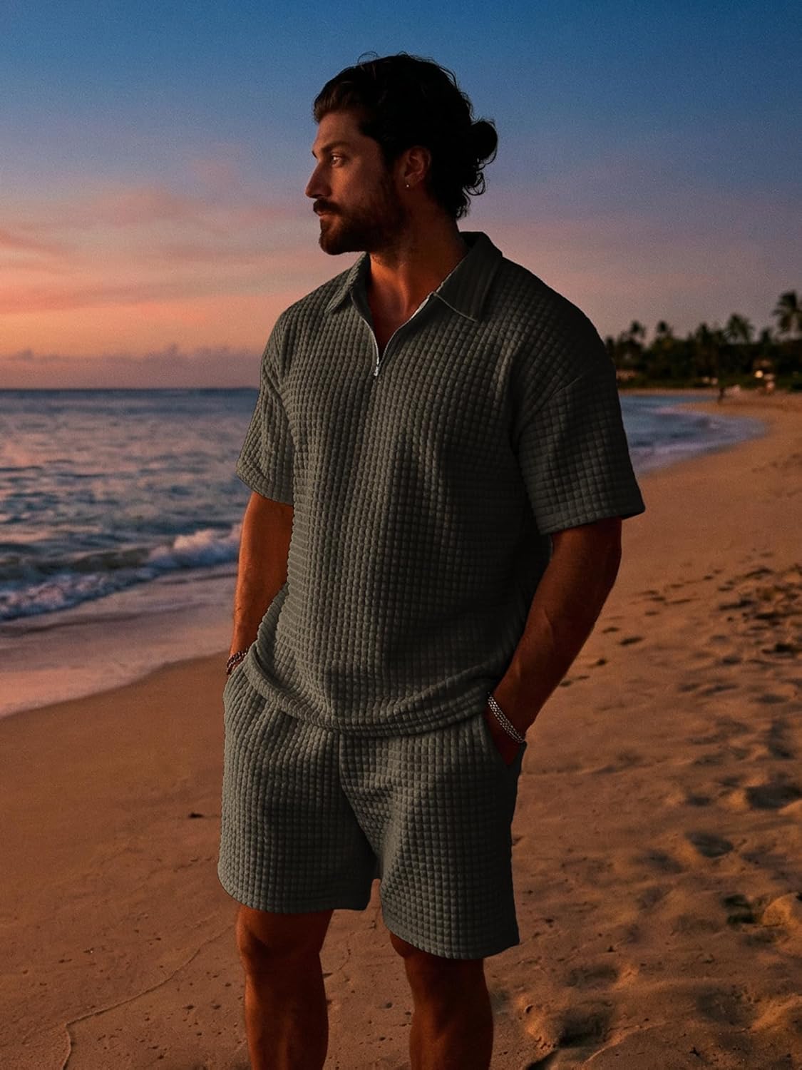 JMIERR Men's 2 Piece Waffle Knit Outfit Half Zip Polo Shirt and Shorts Textured Summer Set - Image 9