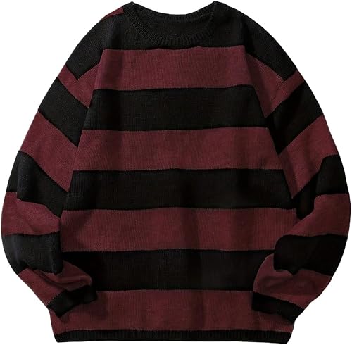 RoseSeek Men's Striped Pullover Sweaters Crew Neck Long Sleeve Loose Jumper Knit