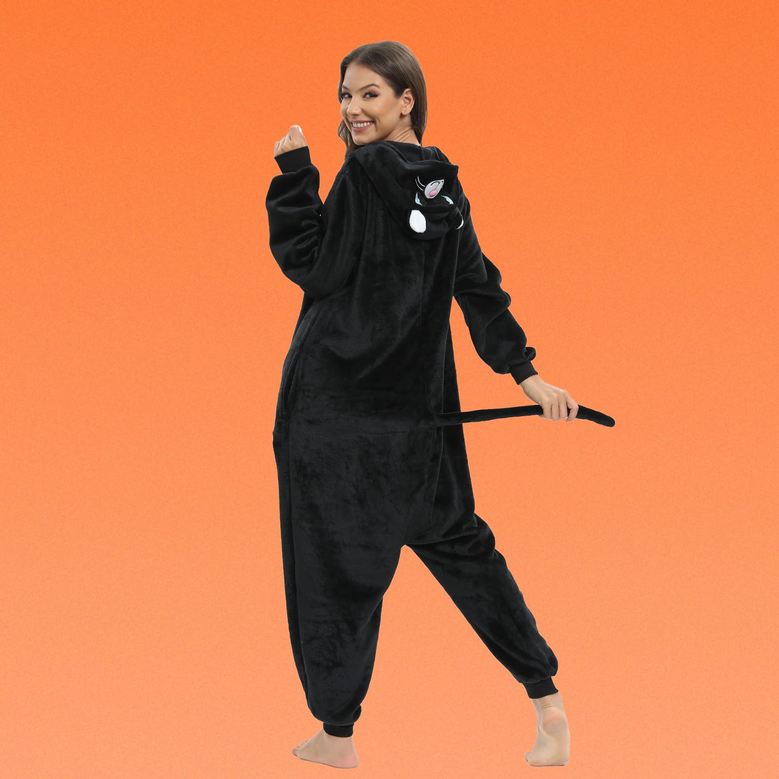 Piżama jednoczęściowa dla dorosłych zwierzę jednoczęściowy kostium czarnego kota Halloween cosplay dla kobiet mężczyzn