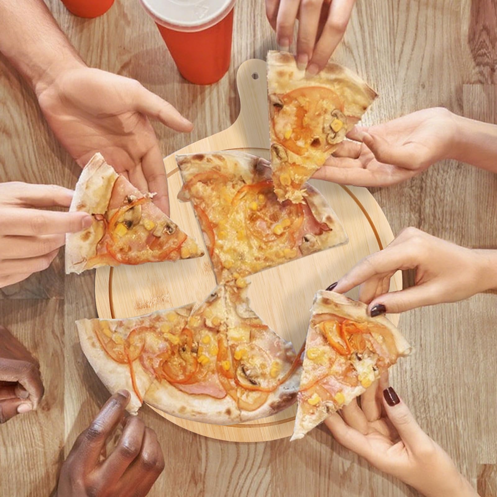 Lot de 3 Planche a Pizza en Bambou 33 cm, Plateau Pizza Rond avec Poignée Intégrée, Assiette Pizza en Bois Naturel pour Découpe, Service et Fromage