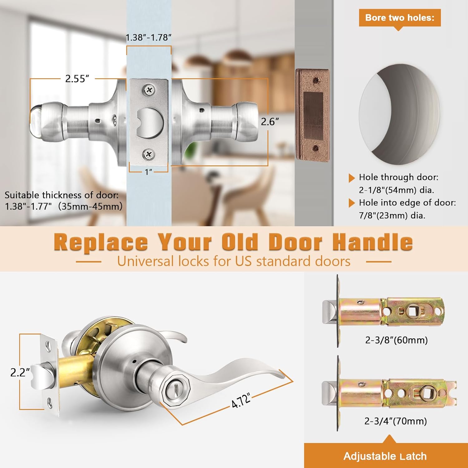 Probrico Wave Style Privacy Door Handles Interior Brushed Nickel Door Lever Lock Keyless Door Lockset for Bedroom and Bathroom Reversible Door Handle Knob for Left and Right Handed Doors, 3 Pack