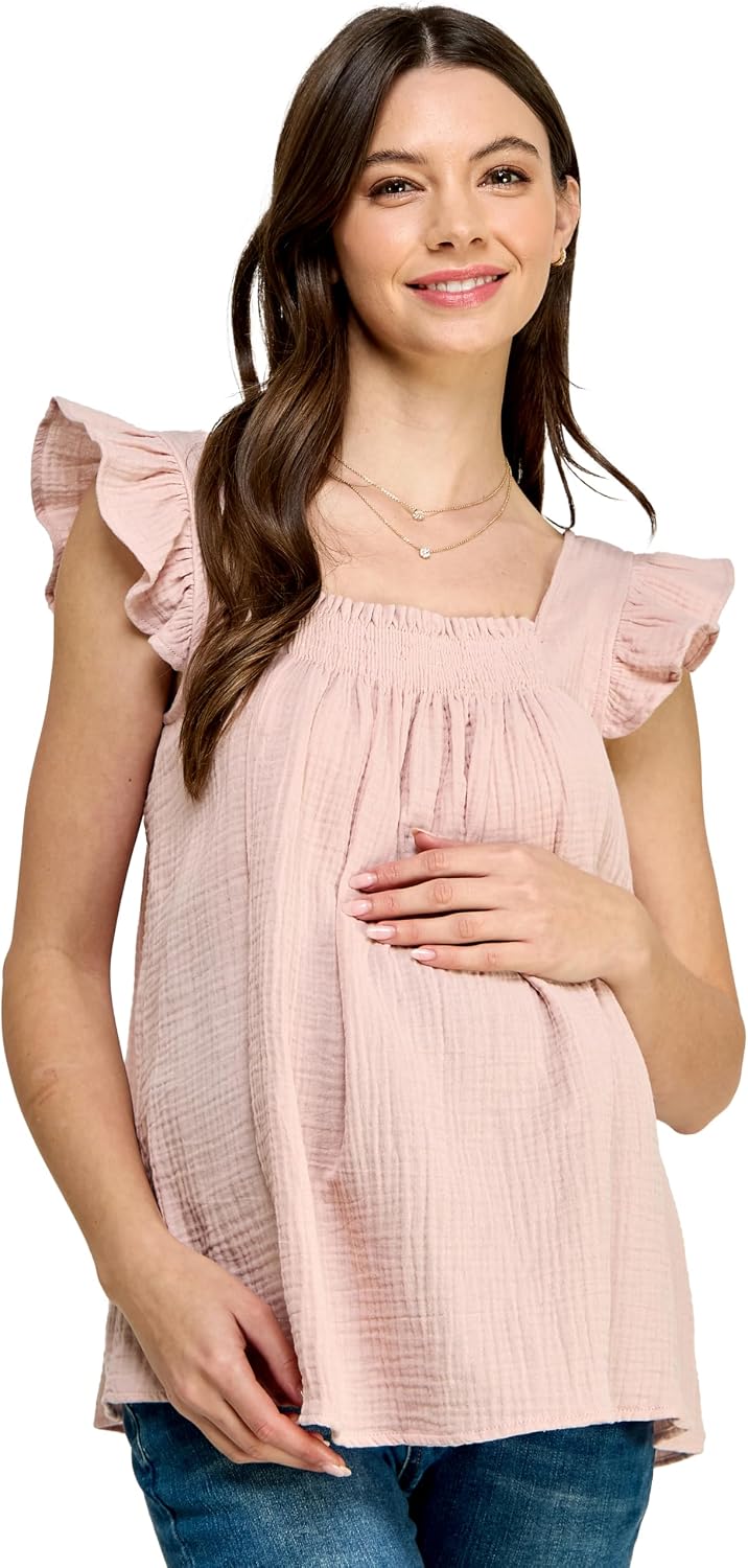 LaClef Womens Square Neck Ruffle Cap Sleeve Maternity Top