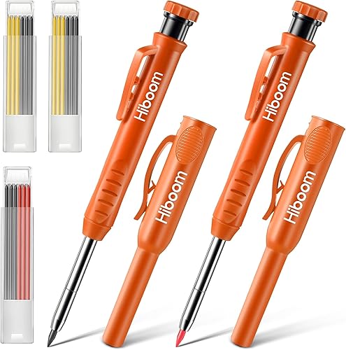 Hiboom Paquete de 2 lápices de carpintero sólidos con tapa y 18 repuestos, marcador mecánico de punta larga con agujero profundo, herramienta de