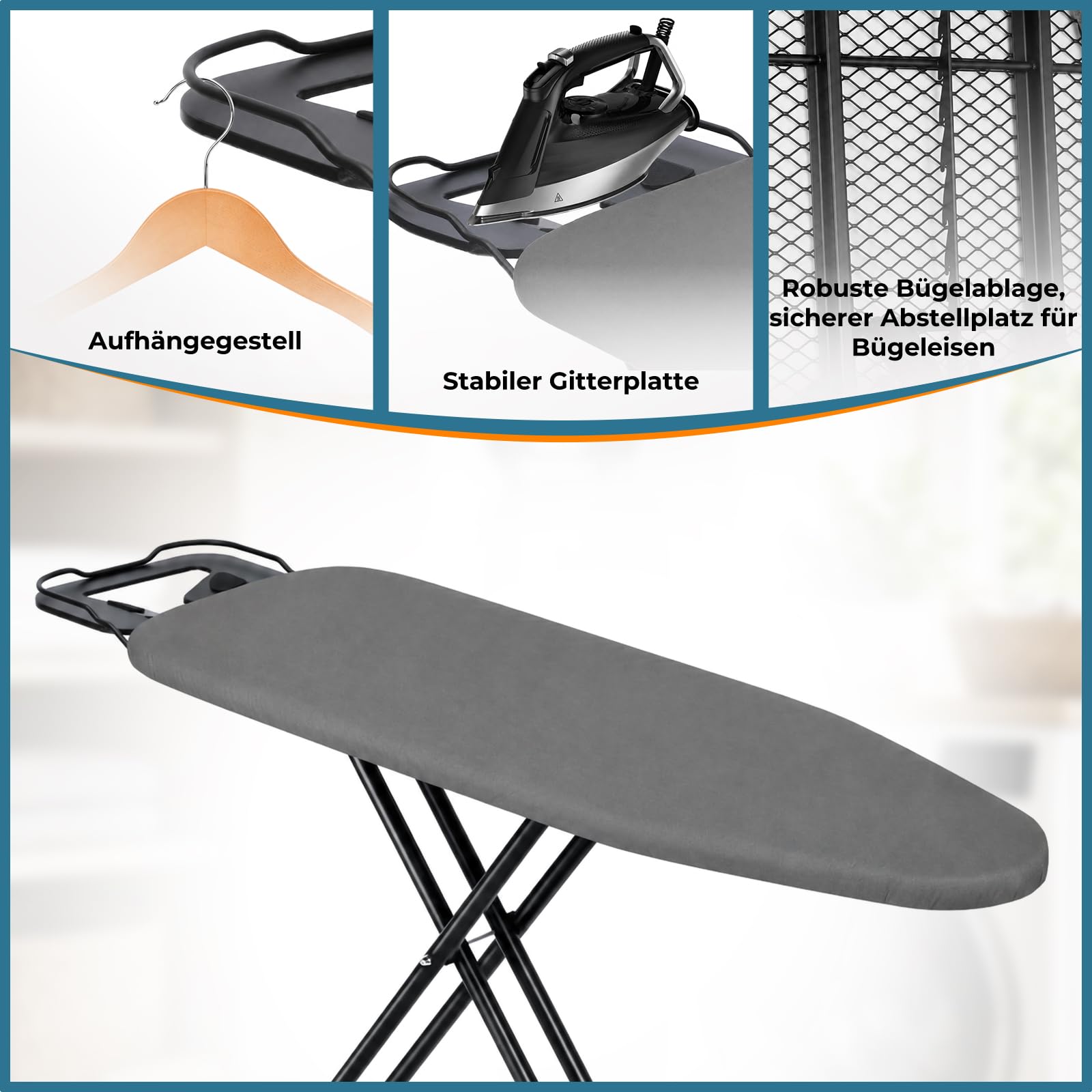 Bügelbrett 110 x 34 cm, 7-stufige Höhenverstellung, klappbar, hitzebeständiger Baumwollbezug, metallenes Belüftungsgitter, mit Bügelablage, Stabiler Stahlrahmen, platzsparend für Haushalt