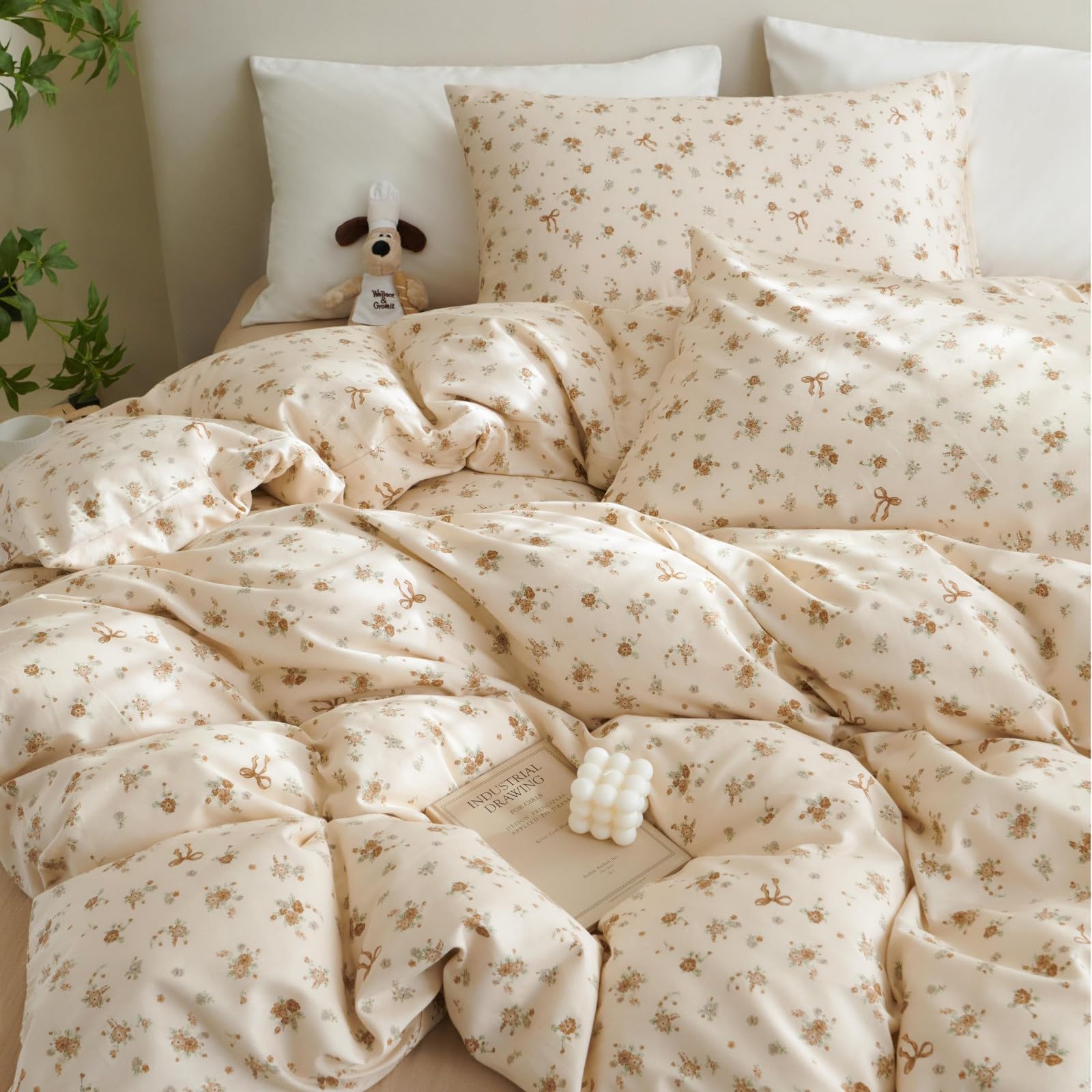 Tospass Baumwolle Bettwäsche Set 200x220cm Beige Khaki Grün Blumen Floral Schleife Mädchen Wendebettwäsche Blumenmuster Kinder Bettbezug mit Reißverschluss und 2 Kissenbezug 80x80cm