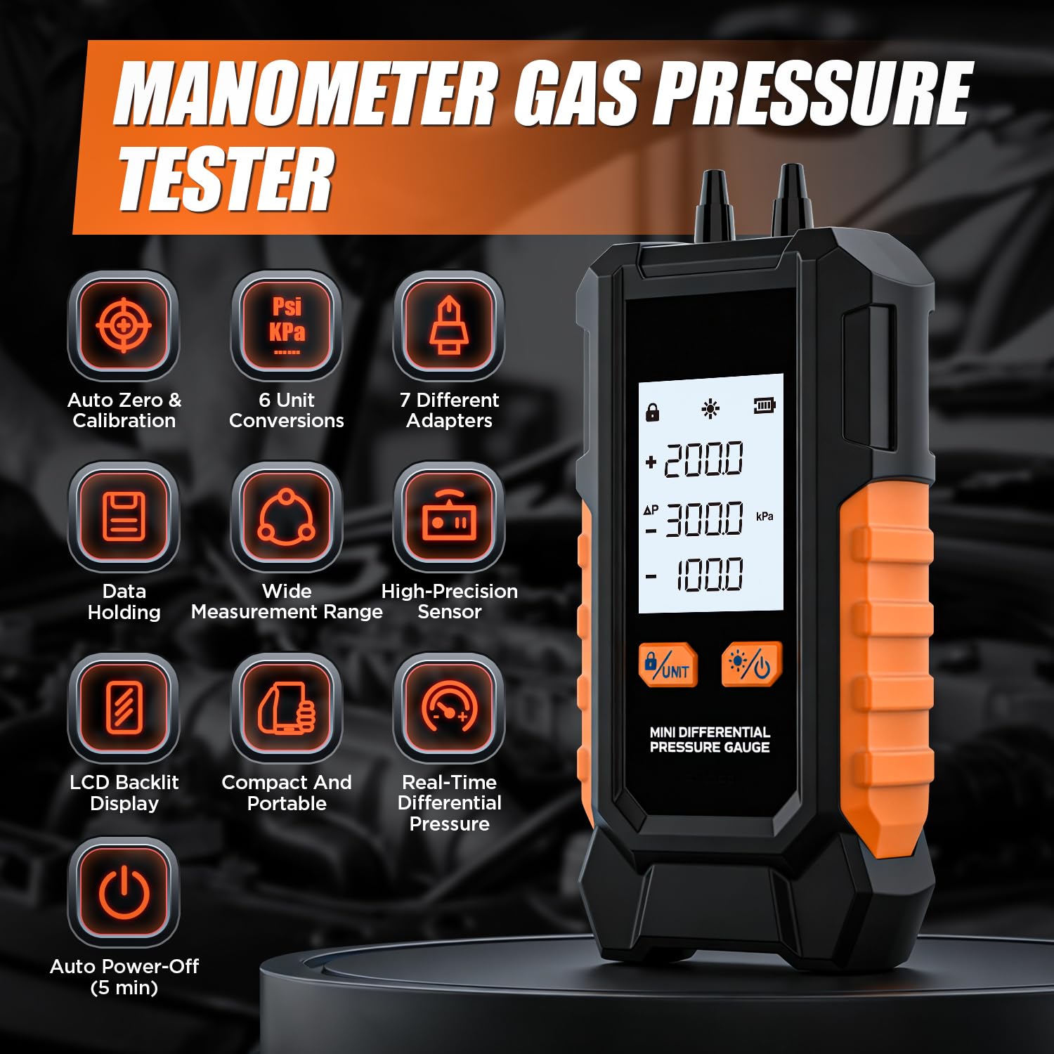 Digital Manometer -101~200kPa Manometer Gas Pressure Tester, Data Zero & Calibration Mini HVAC Gas Pressure Tester with Backlight LCD Display & Data Hold, 6 Units, 7 Adapters
