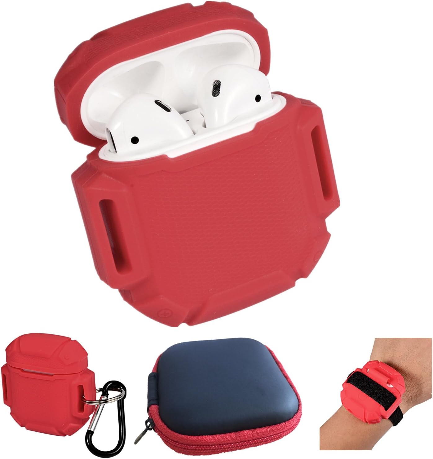 UOSOSO AirPods Case Protective Silicone Cover and Skin with Carrying Bag Travel Case for Apple Airpods Charging Case (Red)