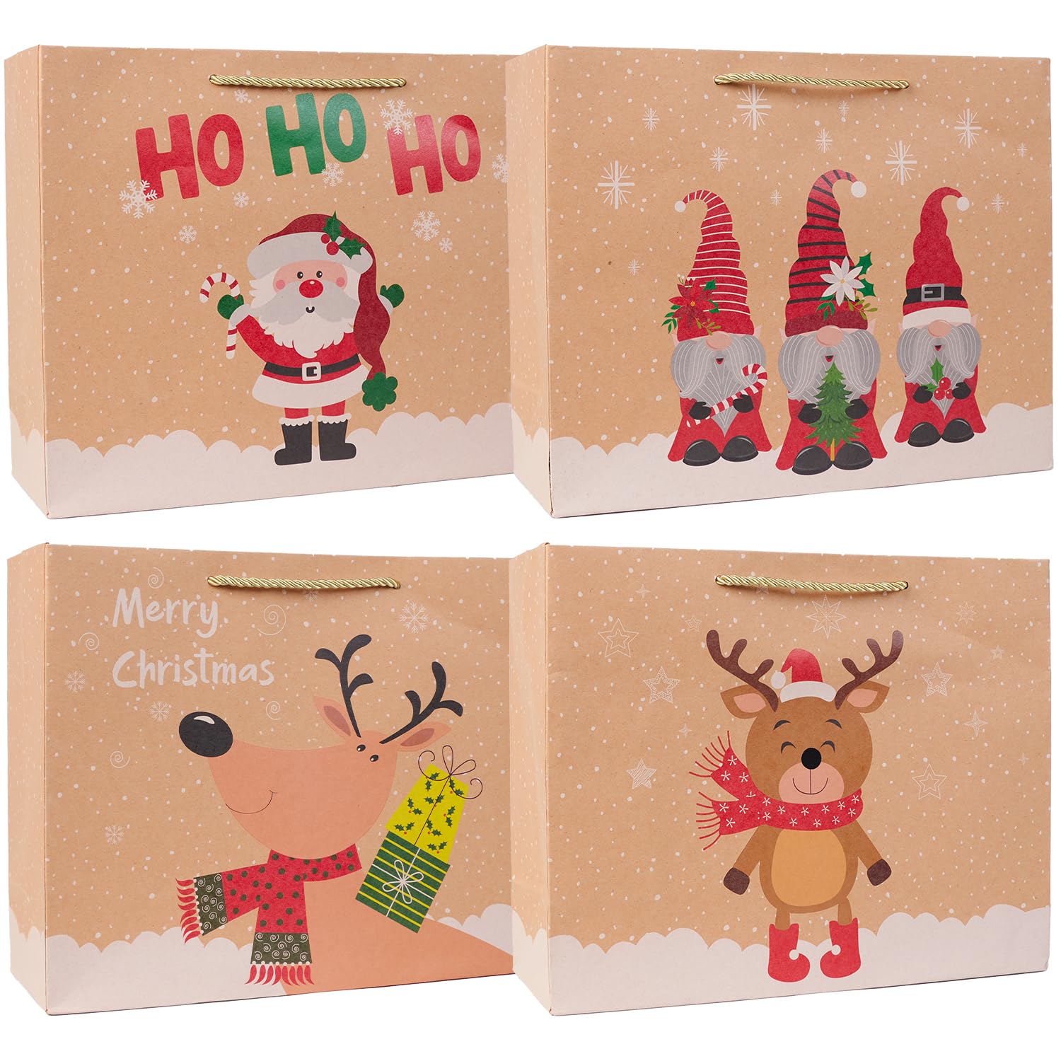 8Pcs Large Christmas Kraft Gift Bags with Handles for Xmas Holiday Presents Reusable Gift Wrapping Bag