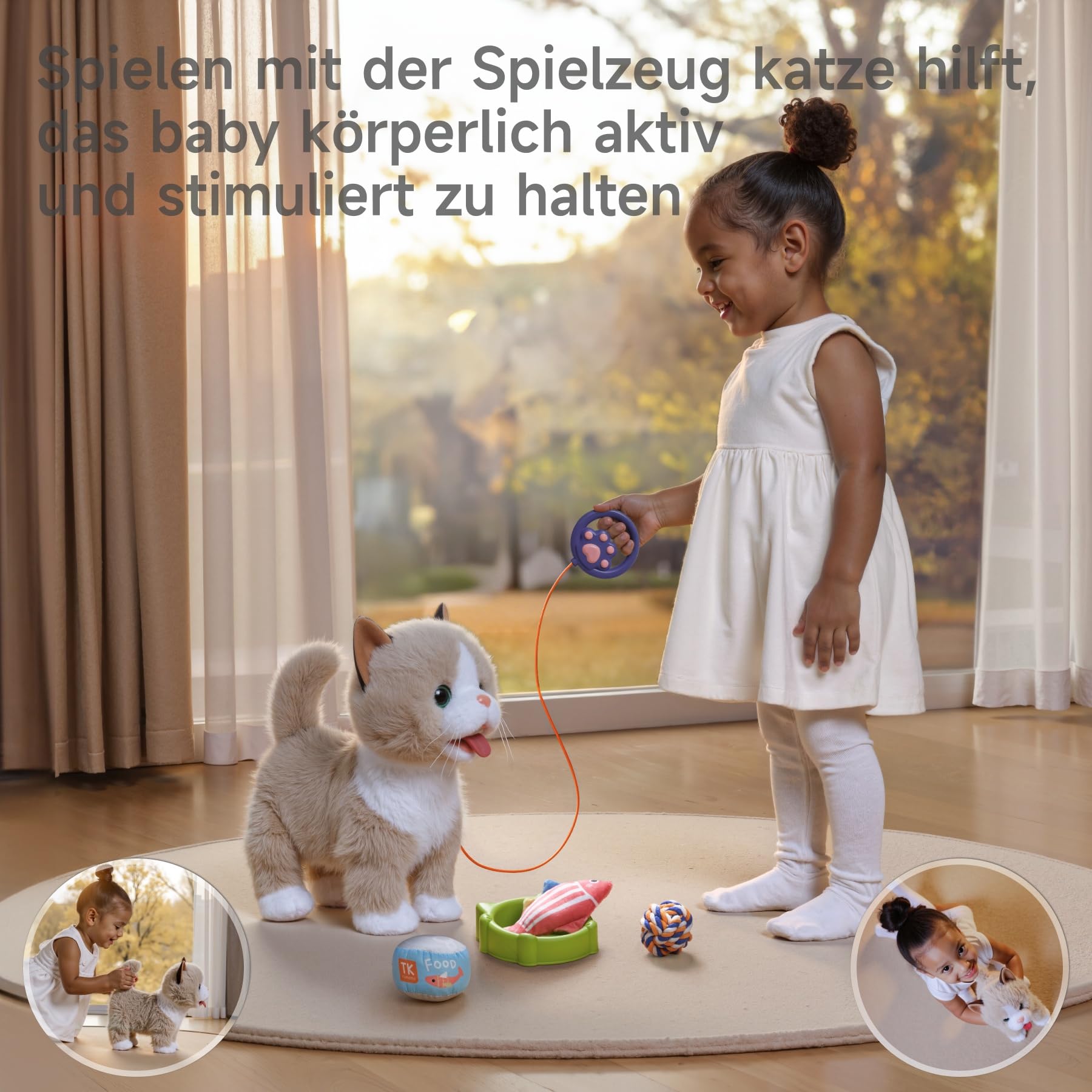 TUMAMA Interaktives Katze Spielzeug für Kinder, Kuscheltier Kittens Mit Fernbedienung Leine Der Läuft Und Bellt, Plüschtier Elektronisches Kätzchen Haustier ab 3 4 5 6 - Gehen, Miaut, Schwanz Wedeln