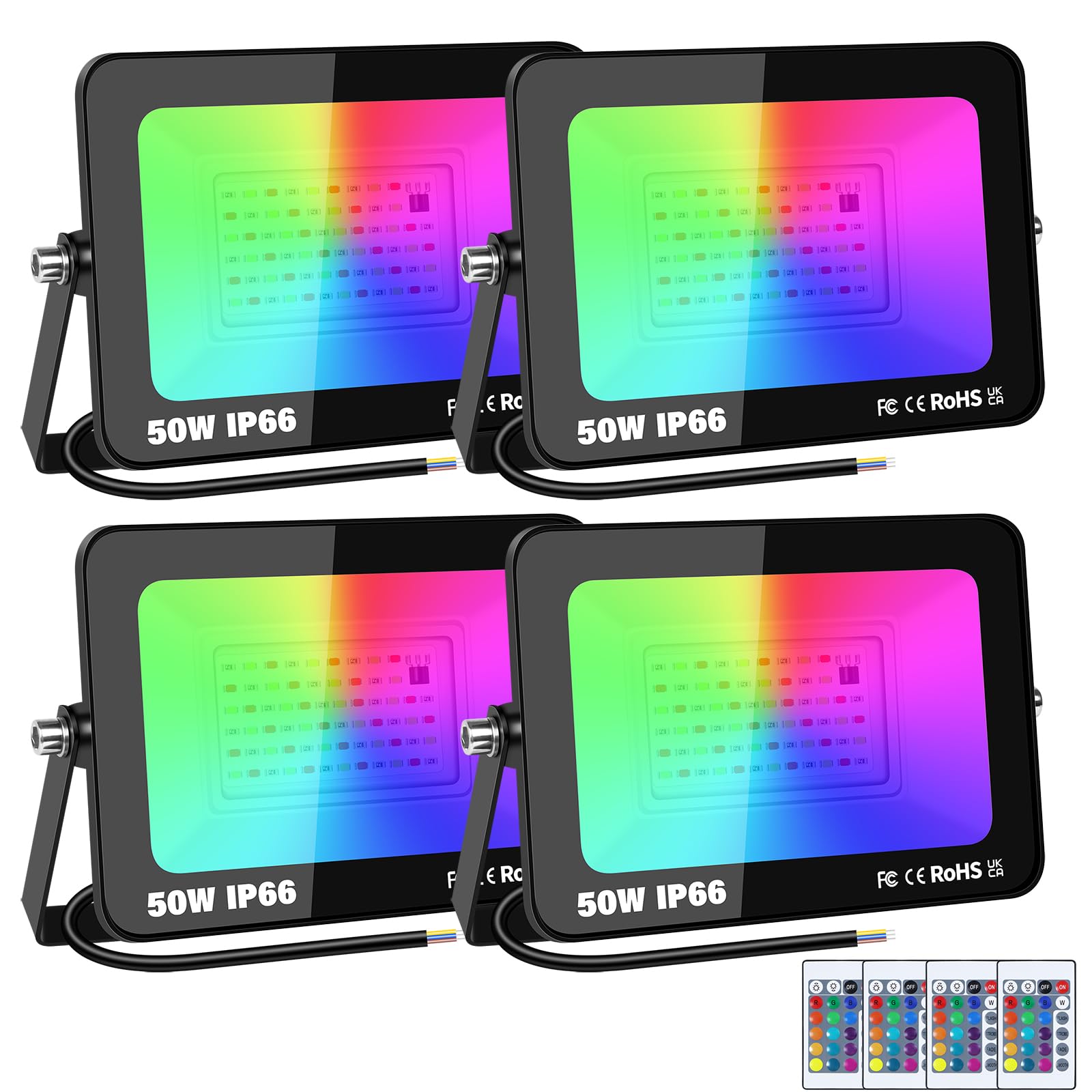RIGIDON 4x 50W RGB led strahler mit IR fernbedienung, 5000lm RGBW flutlicht | ohne stecker, außen, IP66, farbwechsel, 16 farben 4 modi dimmbar fluter lampe, für party garten baum landschaft disco feiern