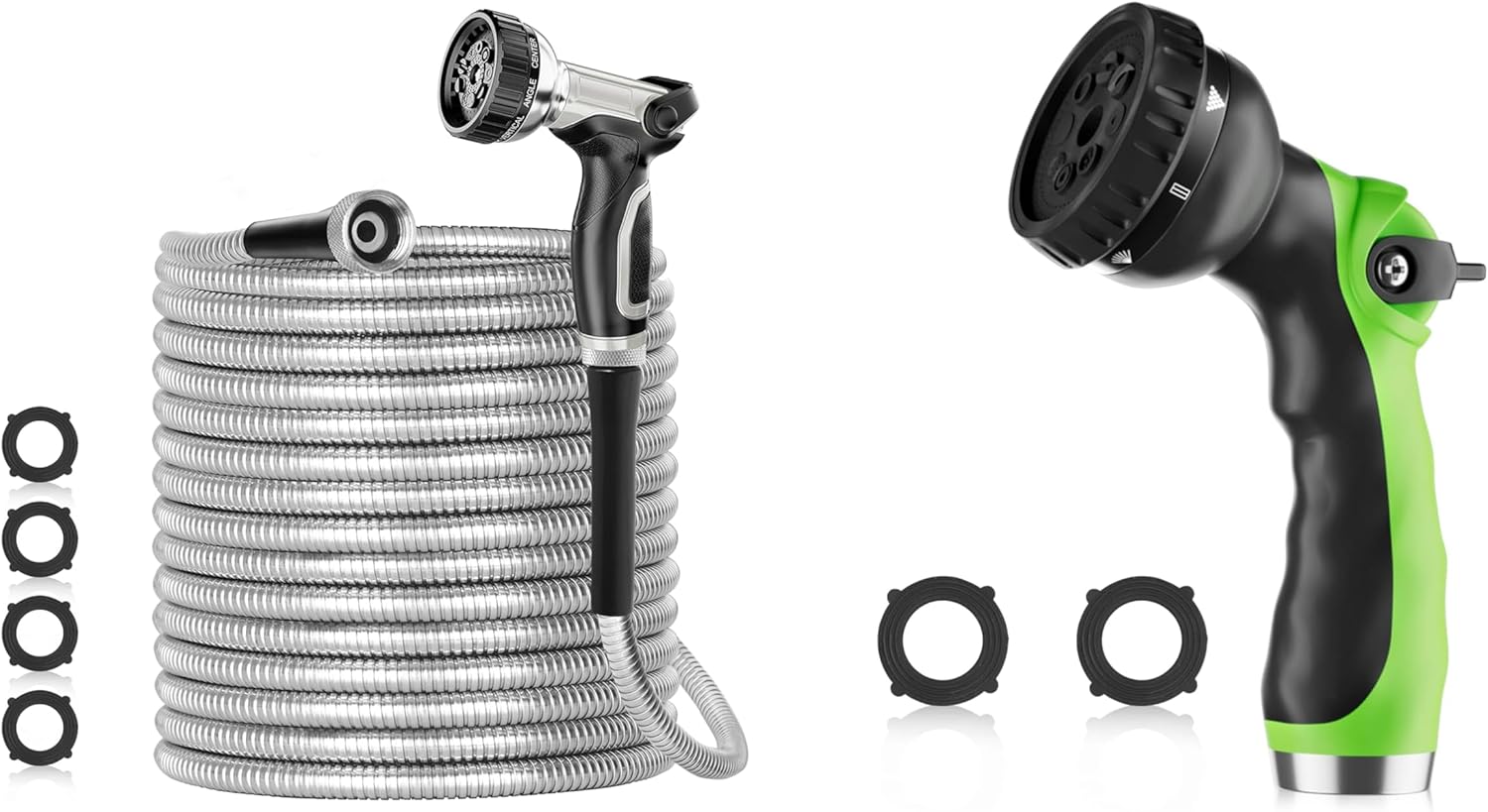 25ft 304 Stainless Steel Garden Hose+Garden Hose Nozzle with 8 Adjustable Spray Patterns