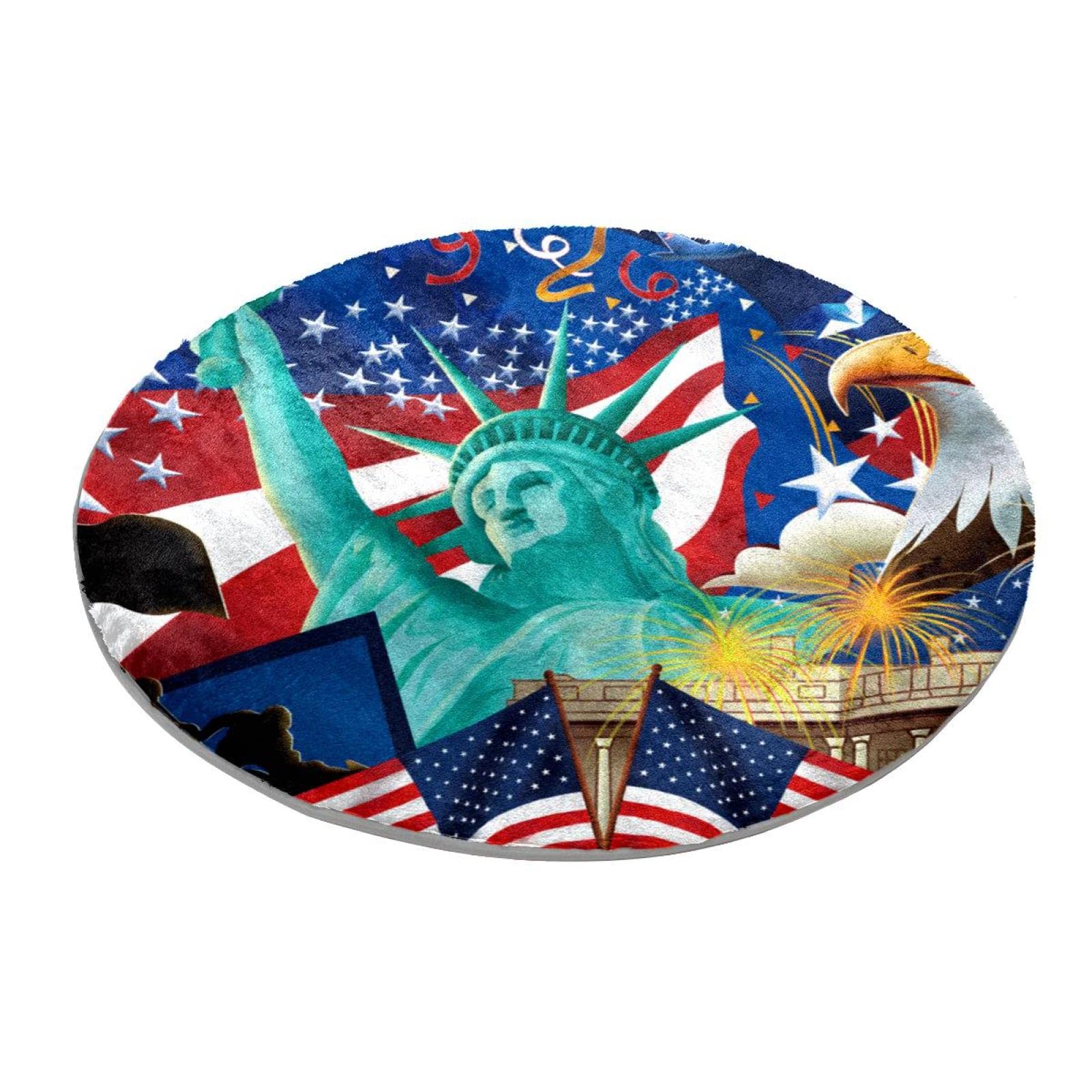 Round Area Rug Statue of Liberty American Flag hawk Bedroom Carpet Shaggy Soft Chair Mat Washable Doormat