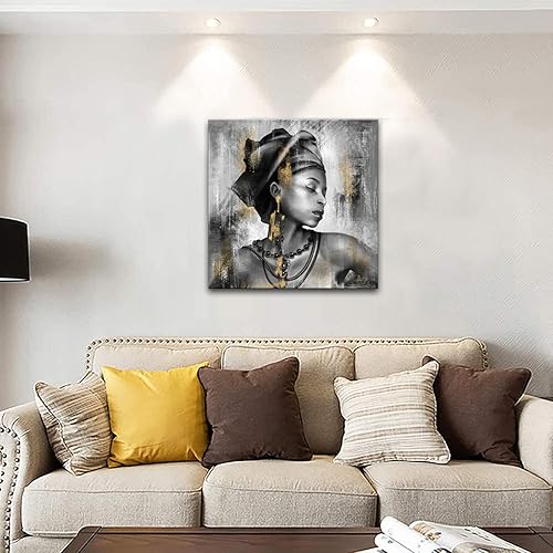 Miniatura 2 de Biuteawal Arte de pared afroamericano a la moda, retrato de mujer, impresión en lienzo, pintura dorada y gris, decoración enmarcada para sala de