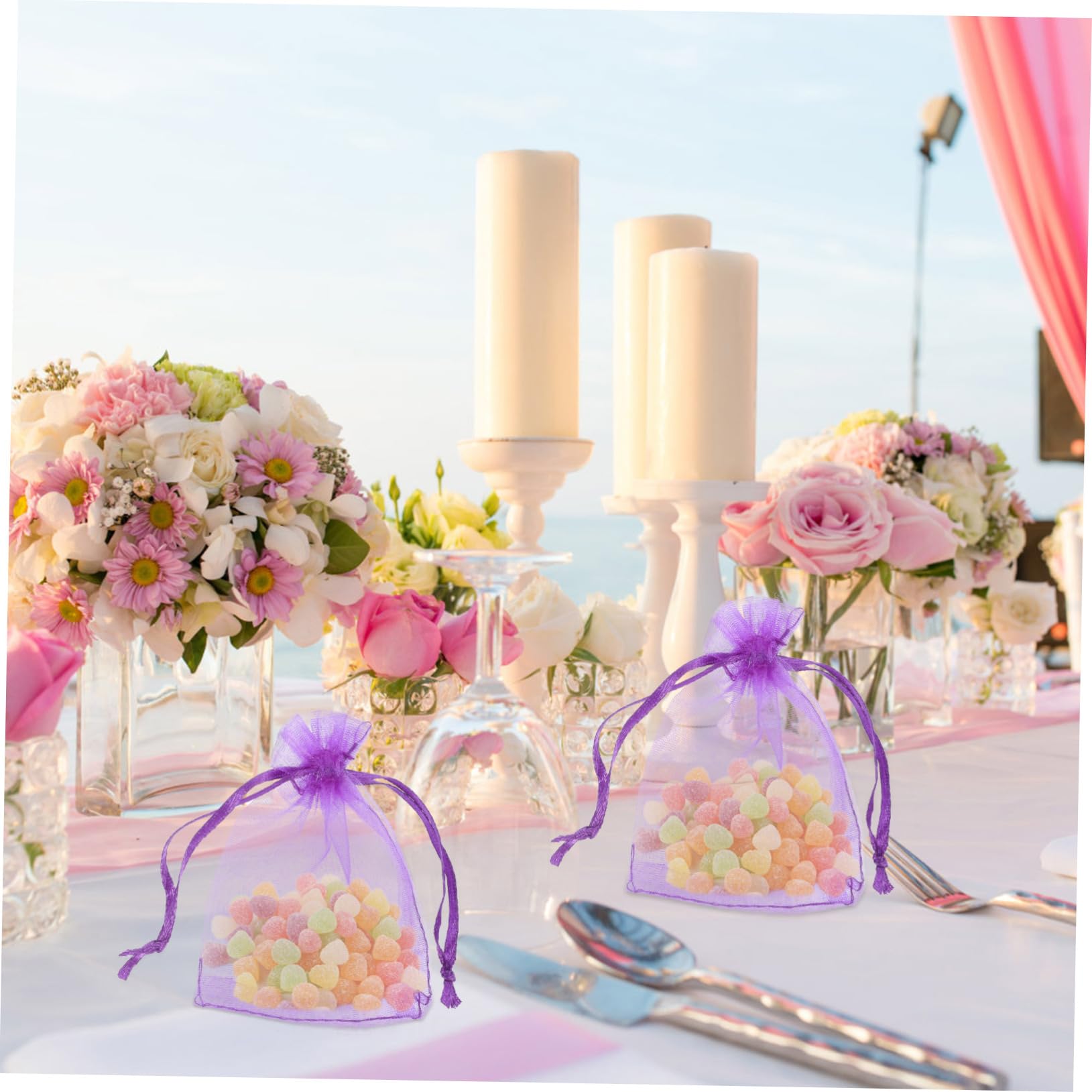 SEWOART 100 Sacchetti Organza Porpora con Coulisse per Regalo e Conservazione, Sacchetti Autoleganti in Organza 7x9 Cm per Feste e Uso Domestico