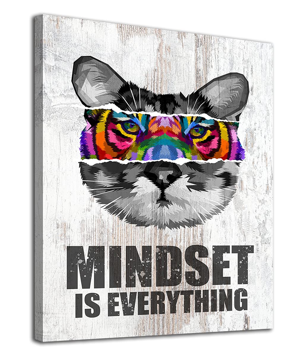 Mindset is Everything - Lienzo inspirador para pared, diseño de gato y tigre, diseño moderno motivacional, con texto en inglés "Mindset is Everything