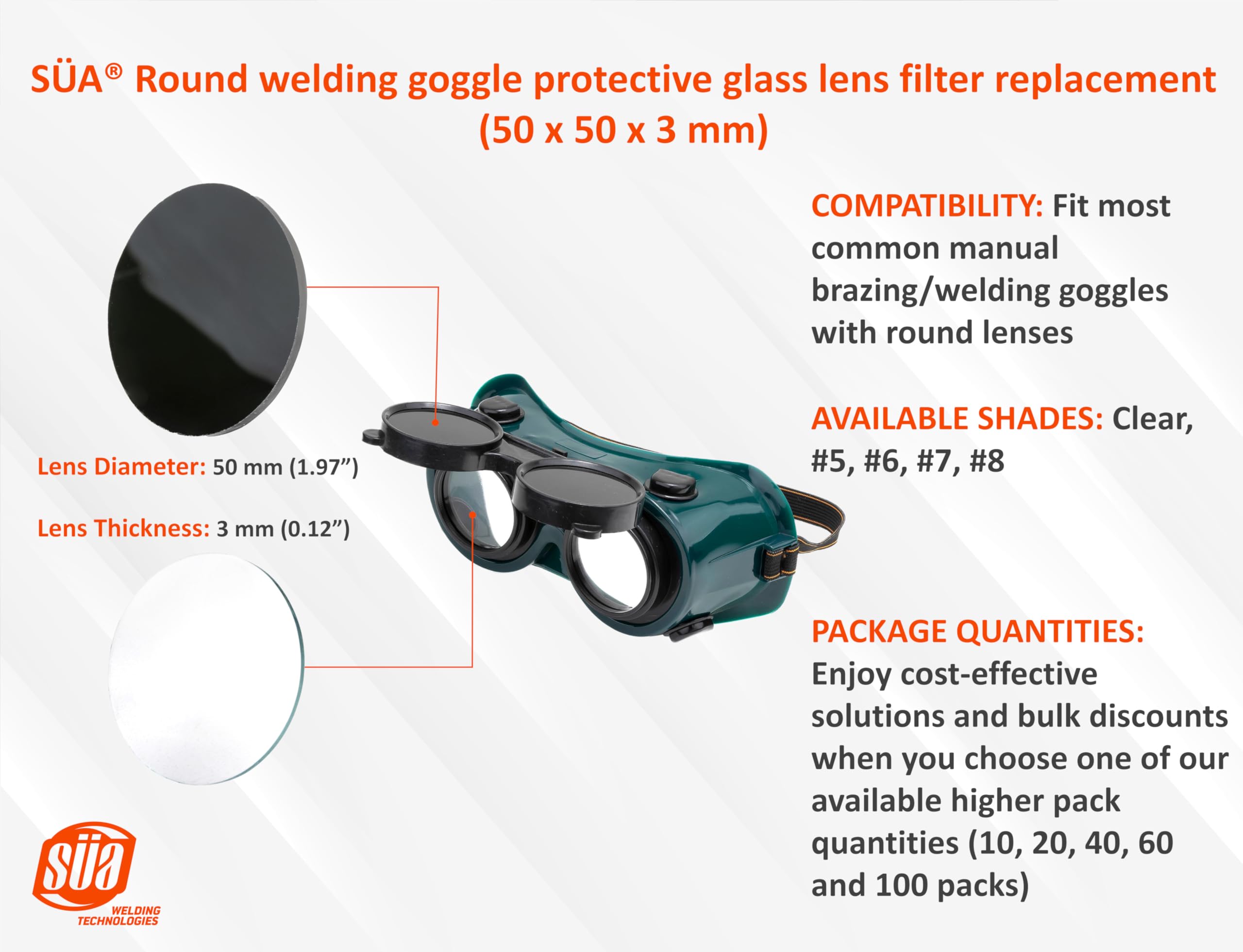 SÜA - Round welding goggle protective glass lens filter replacement - 50 x 50 x 3 mm - Shade: 7 (20 Pack)