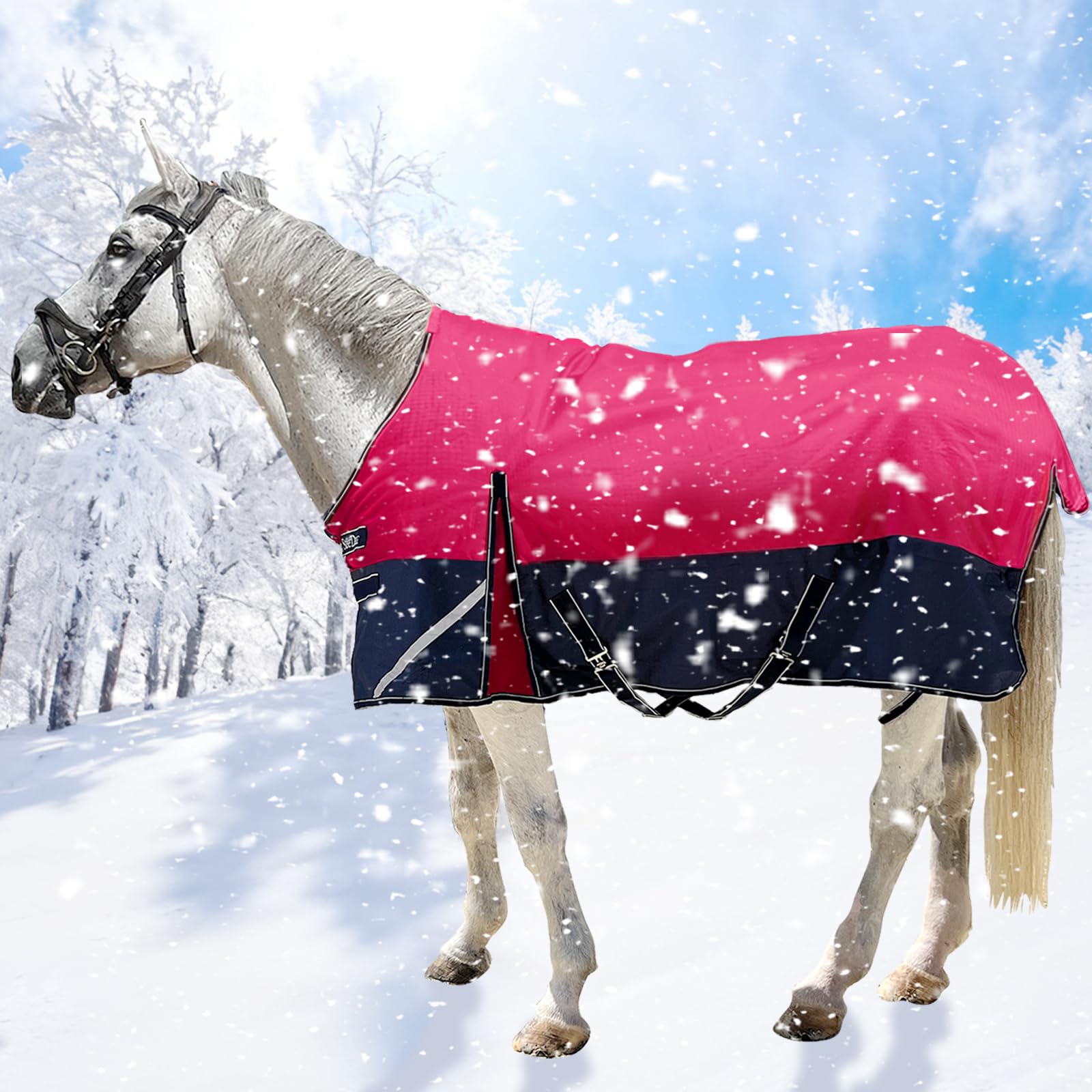 Coperta invernale impermeabile e traspirante per cavallo, 300 g, 1200 D, calda, con strisce riflettenti (rosso/blu, 203 cm)