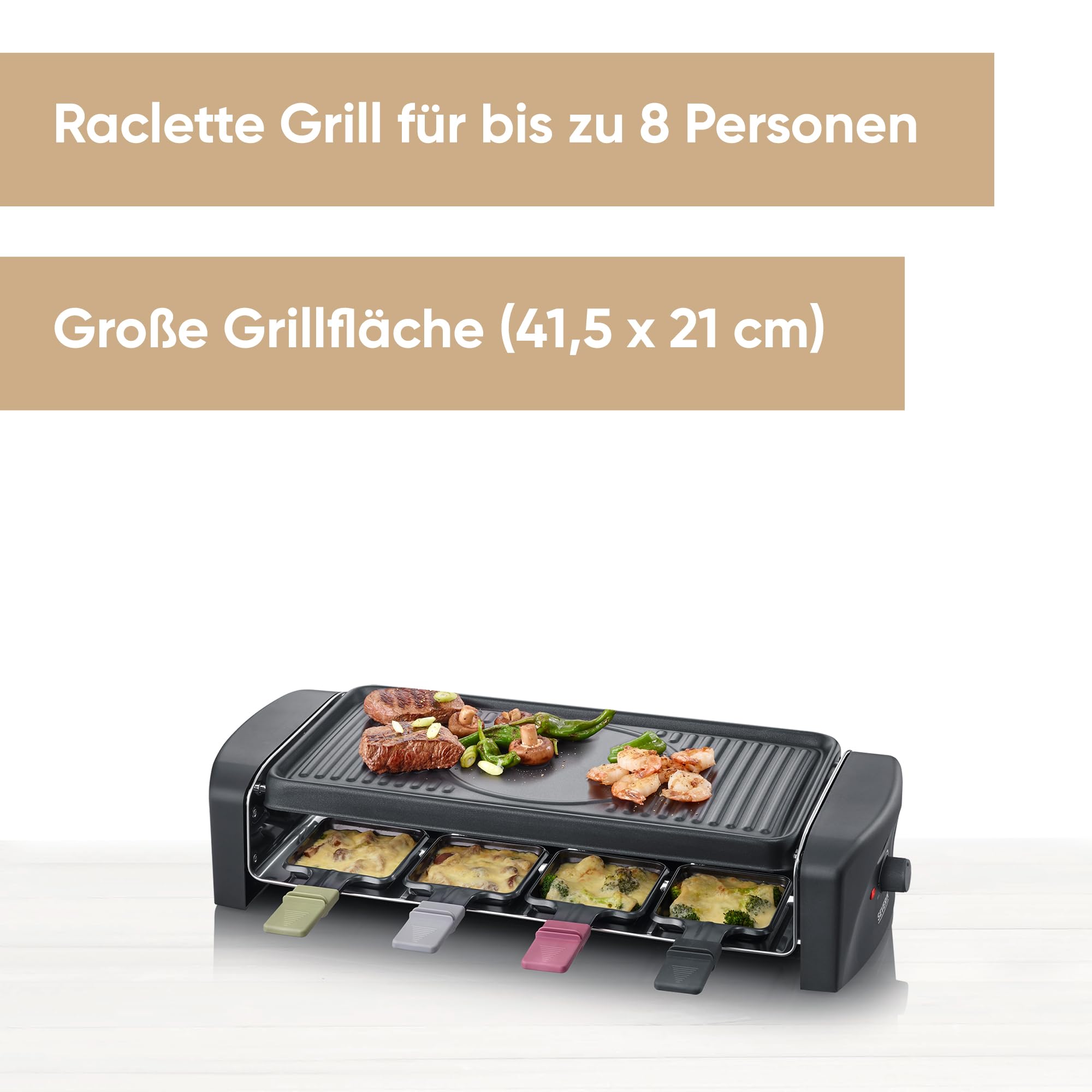 SEVERIN Raclette-Grill, Raclette mit großer antihaftbeschichteter Grillplatte und 8 Raclette Pfännchen, Tischgrill für bis zu 8 Personen, 1.400 W, schwarz, RG 9646