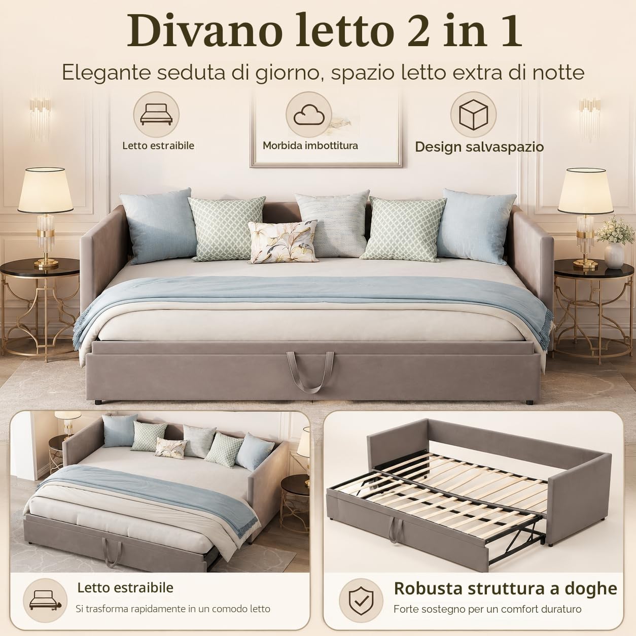 Divano letto multifunzionale allungabile 90/180 x 200 cm, divano allungabile a 2 posti con funzione di sonno e rete a doghe in velluto, ideale per soggiorno e camera degli ospiti (senza materasso)