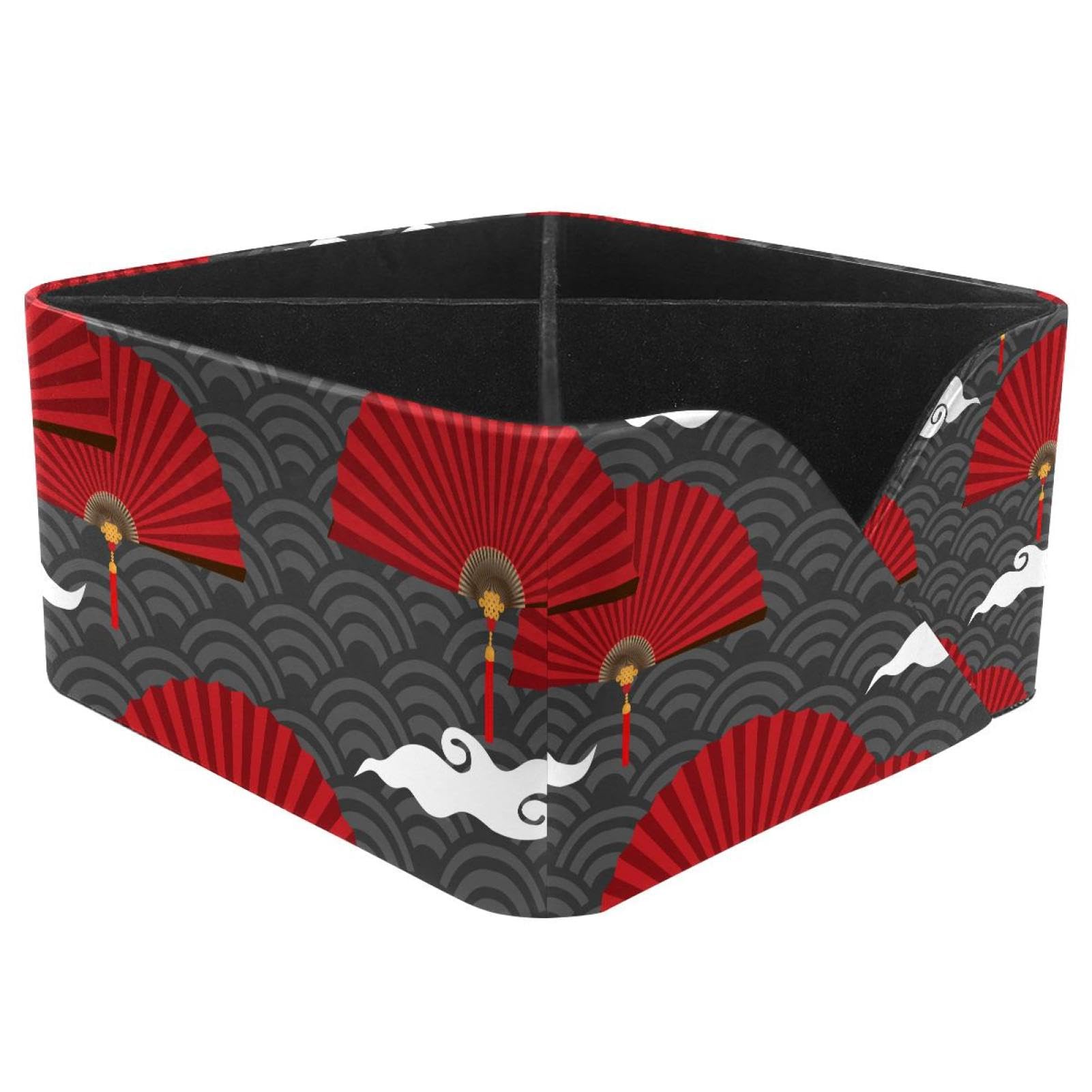KengjuTesu Red Chinese Folding Fans on Wave Cloud Desktop Organizer Pen Holder, Rectangular Pencil Cup for Office, Study and Makeup Stations