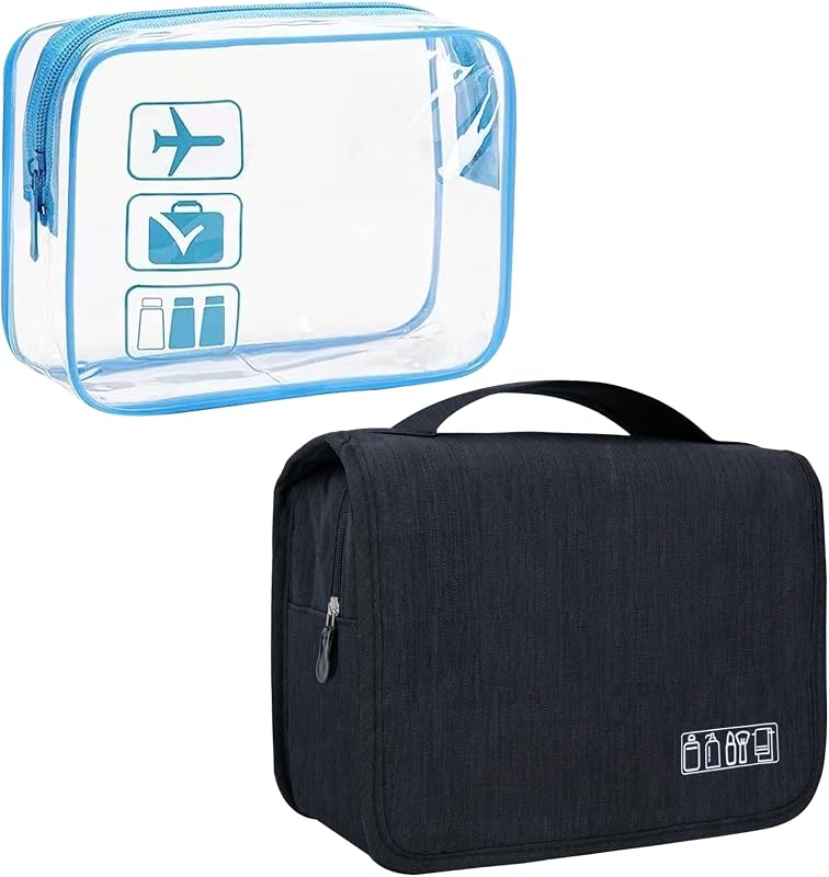 Necessaire de viagem Lcsmaokin com gancho para pendurar, compartimentos e bolsa transparente, A-Black+Clear Blue