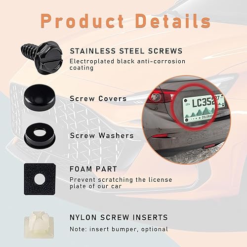 Miniatura 5 de Juego de 4 tornillos para placa de matrícula, a prueba de óxido, antirruido y antirrobo, pernos de montaje autorroscantes de acero inoxidable para