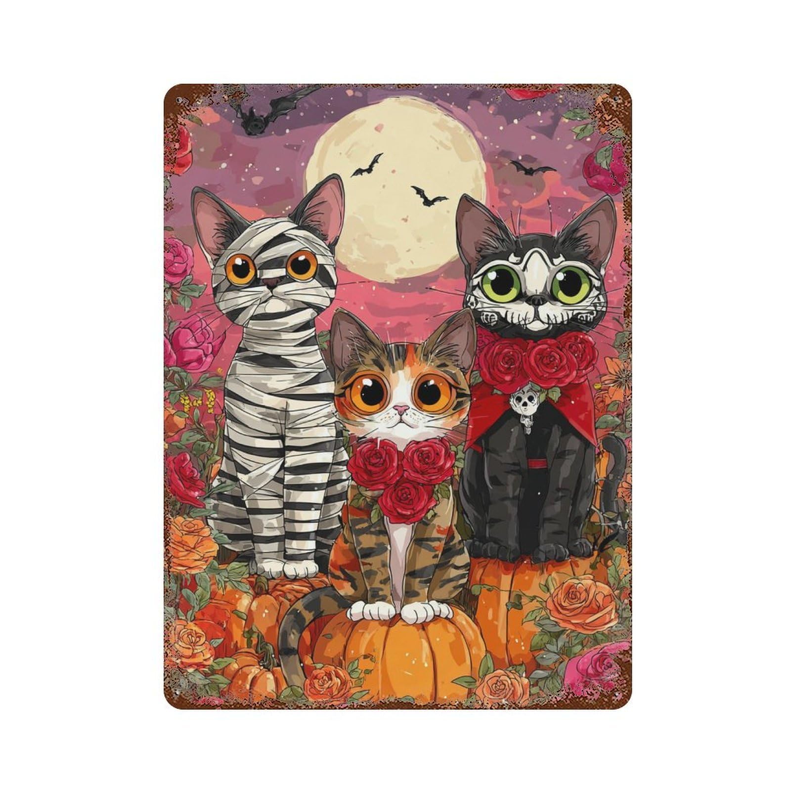 Halloween Cats with Pumpkins-2 15.7"x11.8" Vintage Rust Metal Sign, Shabby Chic Decor for Garage, Bar And Workshop Decor