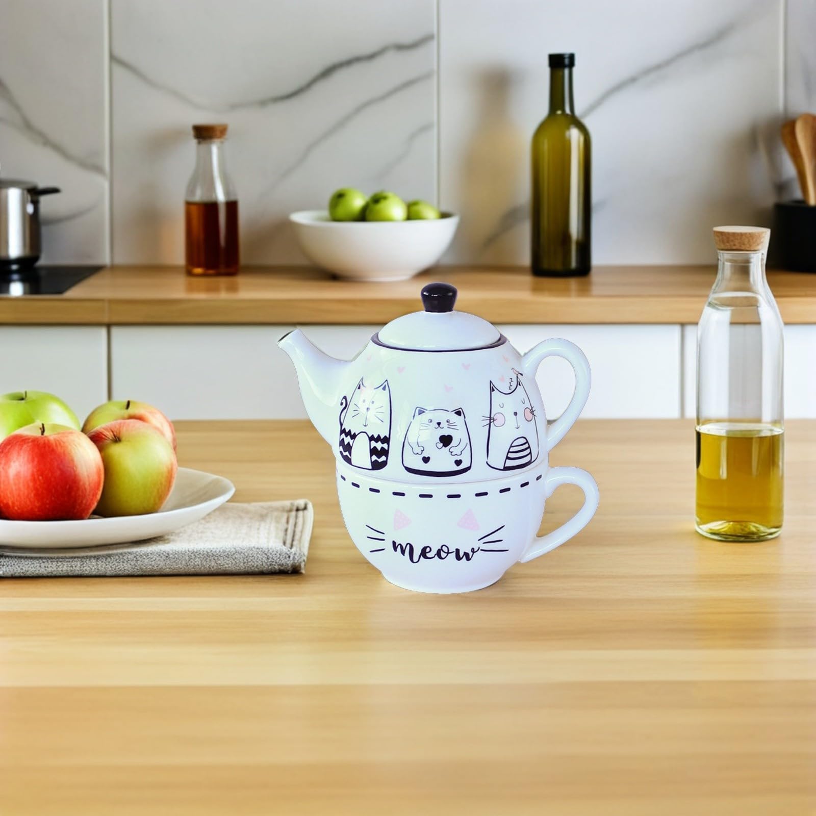 Didiseaon Juego de Té Diseño Original y Elegante de Cerámica Forma de Gato Blanco Tetera y Taza Decorativa para Uso Diario para Aficionados al Té