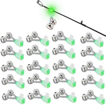 Fishing Bells for Rod Tip, 20 Pcs Clip-On Fish Bite Alarms with Dual Bells & Fluorescent Tip Ideal for Night & Ice Fishing