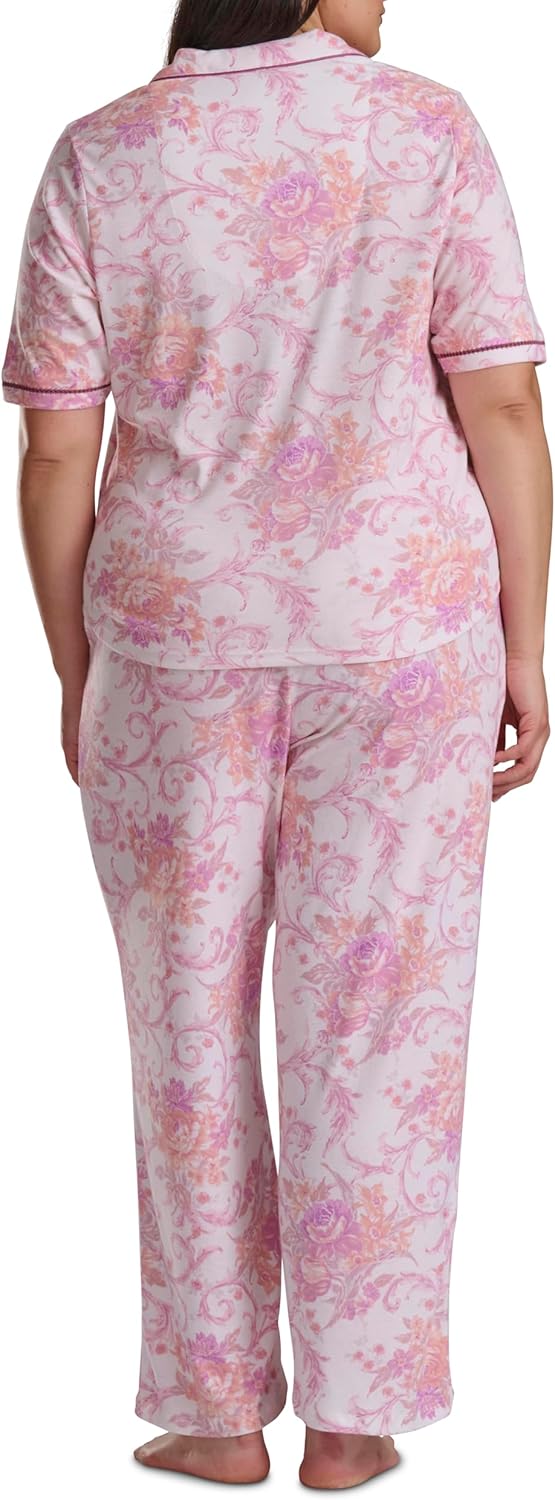 Karen Neuburger Women's [Plus Size] Button Up Notch Collar Elbow Sleeve Top and Pant Bottom with Lace 2-Piece Pajama Set - Image 3