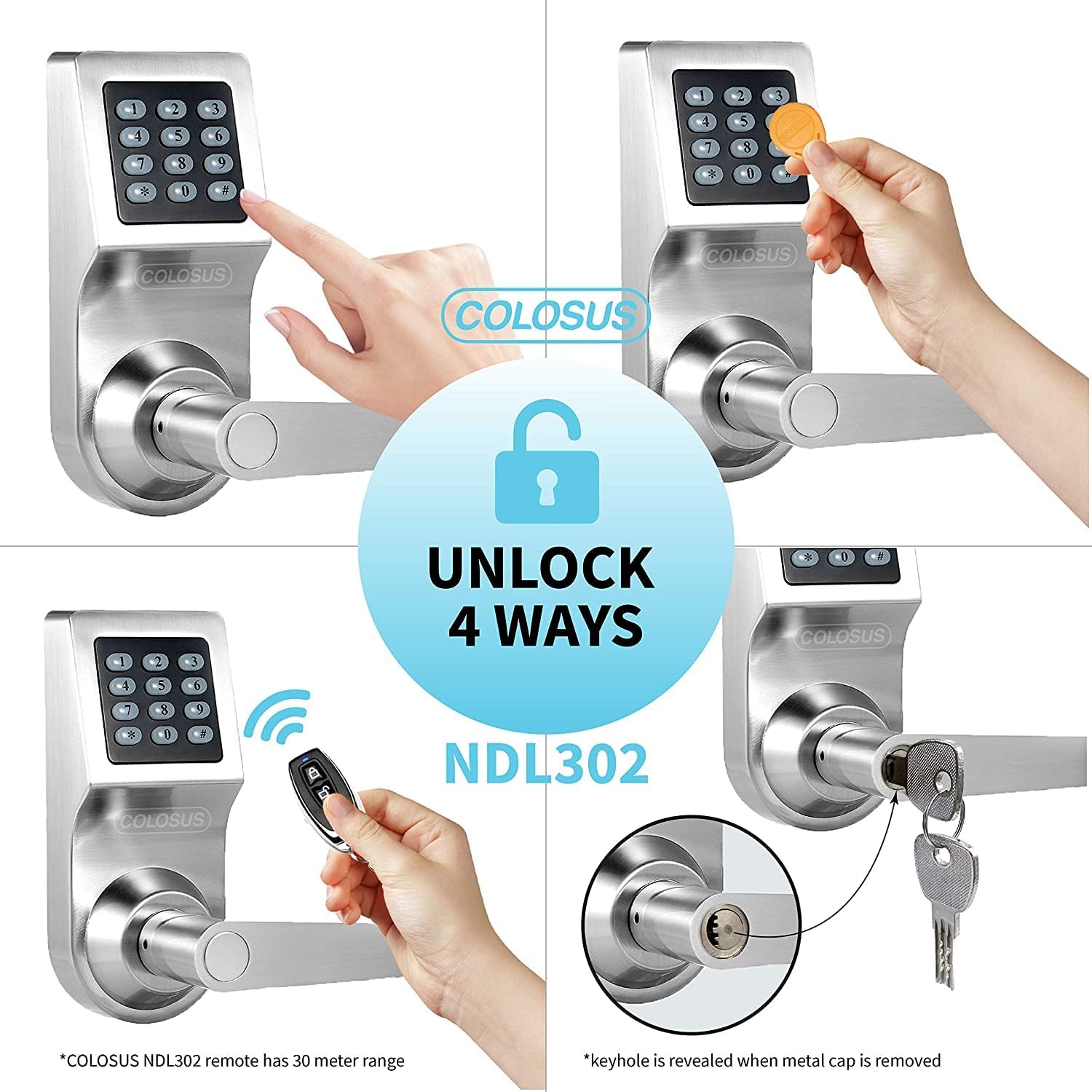 Colosus NDL302 Electronic Trusted Digital Keyless Door Lock, Keypad – Smartcode Security, Grant & Control Access for Home, Office (Black - 4 Key Fobs)
