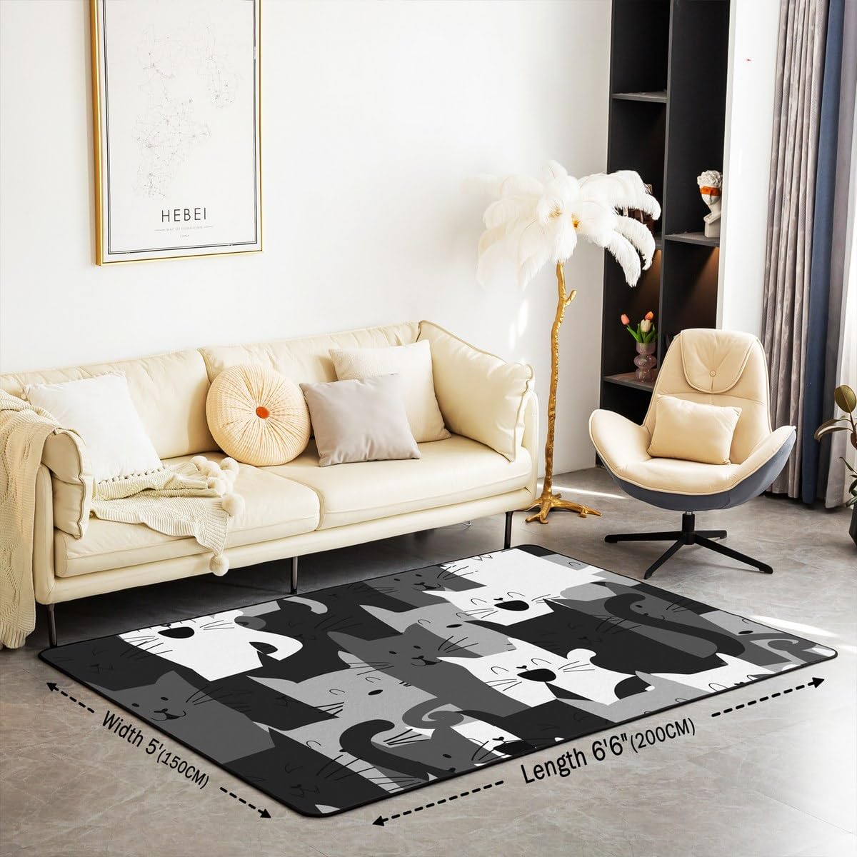 Erosebridal Kawaii Cats Living Room Rugs 5x7 for Kids, Funny Cat Area Rugs for Boys Girls, Halloween Black Cat Carpet Non Slip, Cute Kitten Accent Rug Set, Cartoon Animal Pet Themed Washable Rug