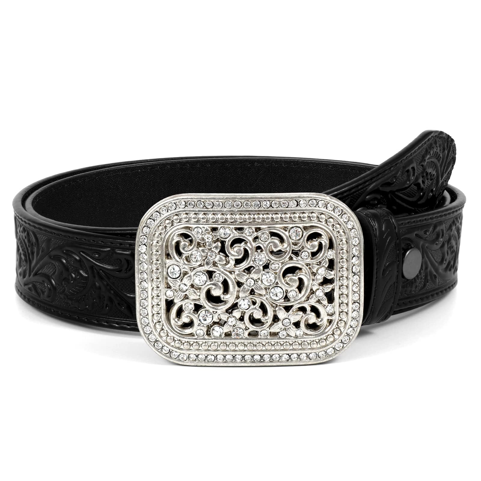 WOWOGO Women Men Western Genuine Leather Belt Cowgirl Cowboy Floral Engraved Tooled Belt Strap Embossed Scrollwork Buckle