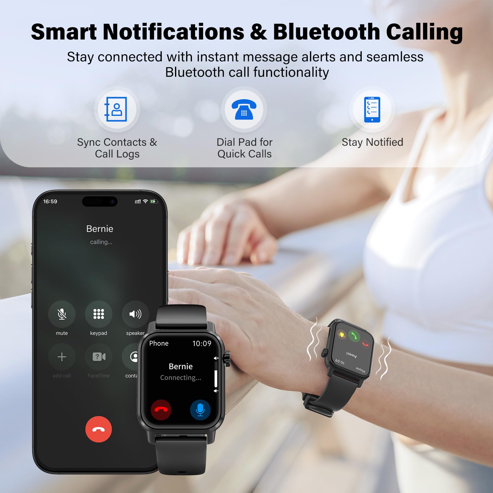 Smart Watch, 1.85" HD Display, 3D Dynamic Dial, 60Hz High Refresh, Bluetooth Calling, LED Flashlight, 100+ Sports Modes (Black)