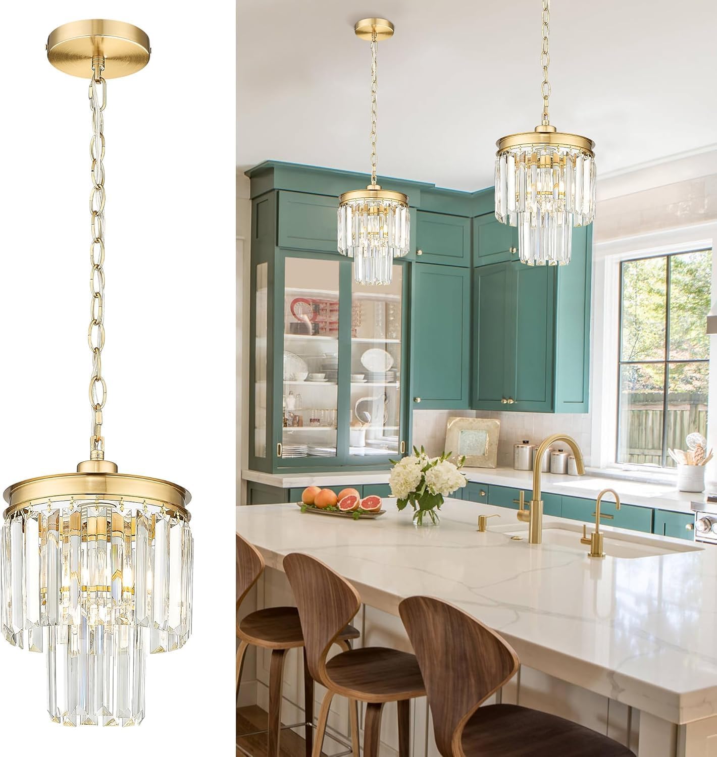 Small Chandelier Light Fixture, Gold Crystal Pendant Light, 2 Tiered 8" Modern Mini Hanging Lights, Vintage Chandeliers for Bedroom Dining Room Kitchen Island Entryway Living Room Foyer