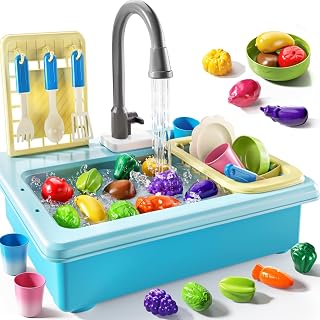 JUKUDAHU Play Sink with Running Water & Color-Changing Dishes - Kids Kitchen Toys for Ages 3-7, Pretend Play Sink Set