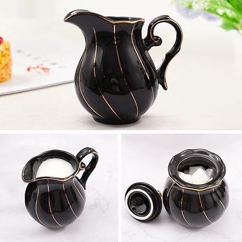 Miniatura 4 de DUJUST Black Cream & Sugar Set, diseño británico de lujo en bordes dorados, 1 azucarero con tapa (12 onzas), 1 crema (8 onzas), juego de crema de