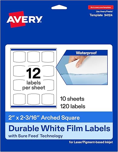 Avery Etiquetas cuadradas arqueadas impermeables duraderas, tecnología Sure Feed, 2 "x 2-3/16", 120 en total, etiquetas impermeables resistentes al