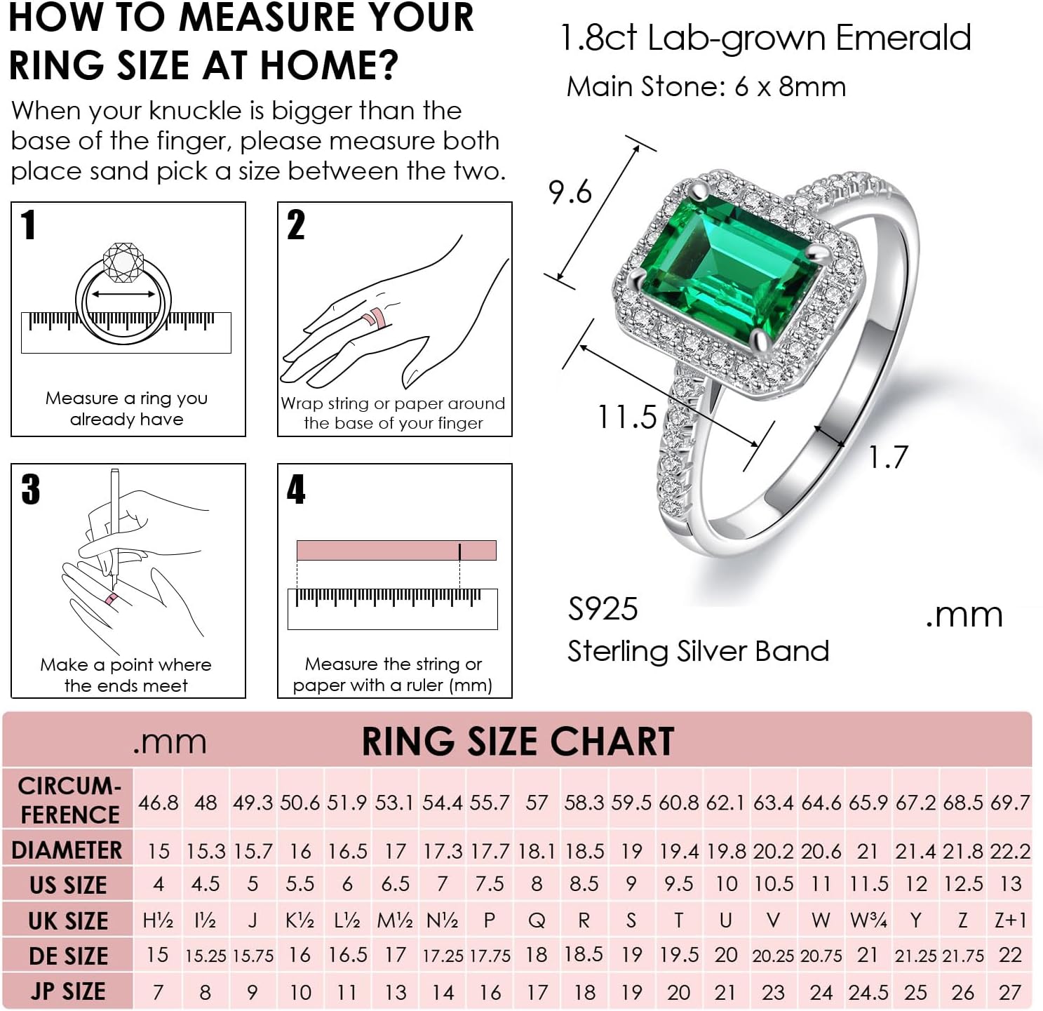 Michooyel S925 1.8ct Lab-created Emerald Ring Halo Bands Engagement Ring Wedding Ring Sterling Silver Cubic Zirconia Fine Jewelry For Women - Image 3