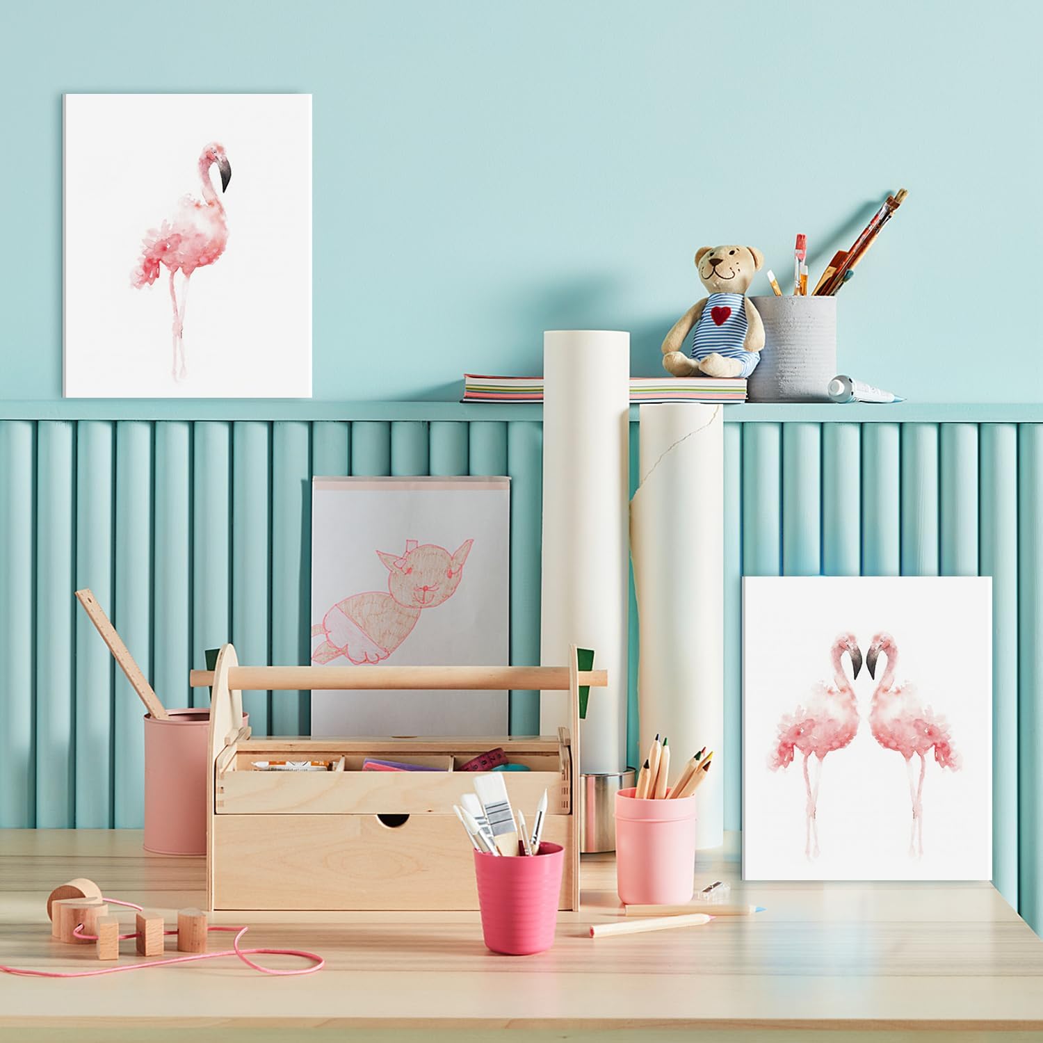 HPNIUB Framed Nordic Flamingo Wall Art Prints, Set Of 3 (12”X16”Canvas Watercolor Animals Painting Modern Wall Decor For Nursery Cafe Girls Bedroom