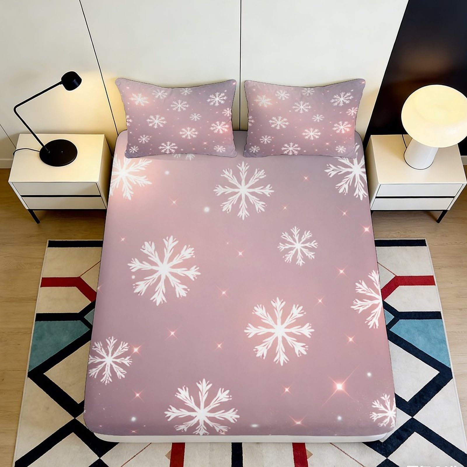 Jqzkxnhpbr Style-4 3D Printed Snowflake Pattern Fitted Sheet Microfiber Blush Pink Winter Bed Cover For Bedroom Guest Room Easy Care 90X200x25cm