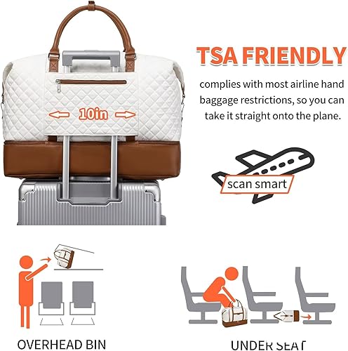 Miniatura 9 de Bolsa de fin de semana, bolsa de viaje grande para mujer, bolsa de mano con compartimento para zapatos y bolsas de aseo, Blanco (White-Brown),