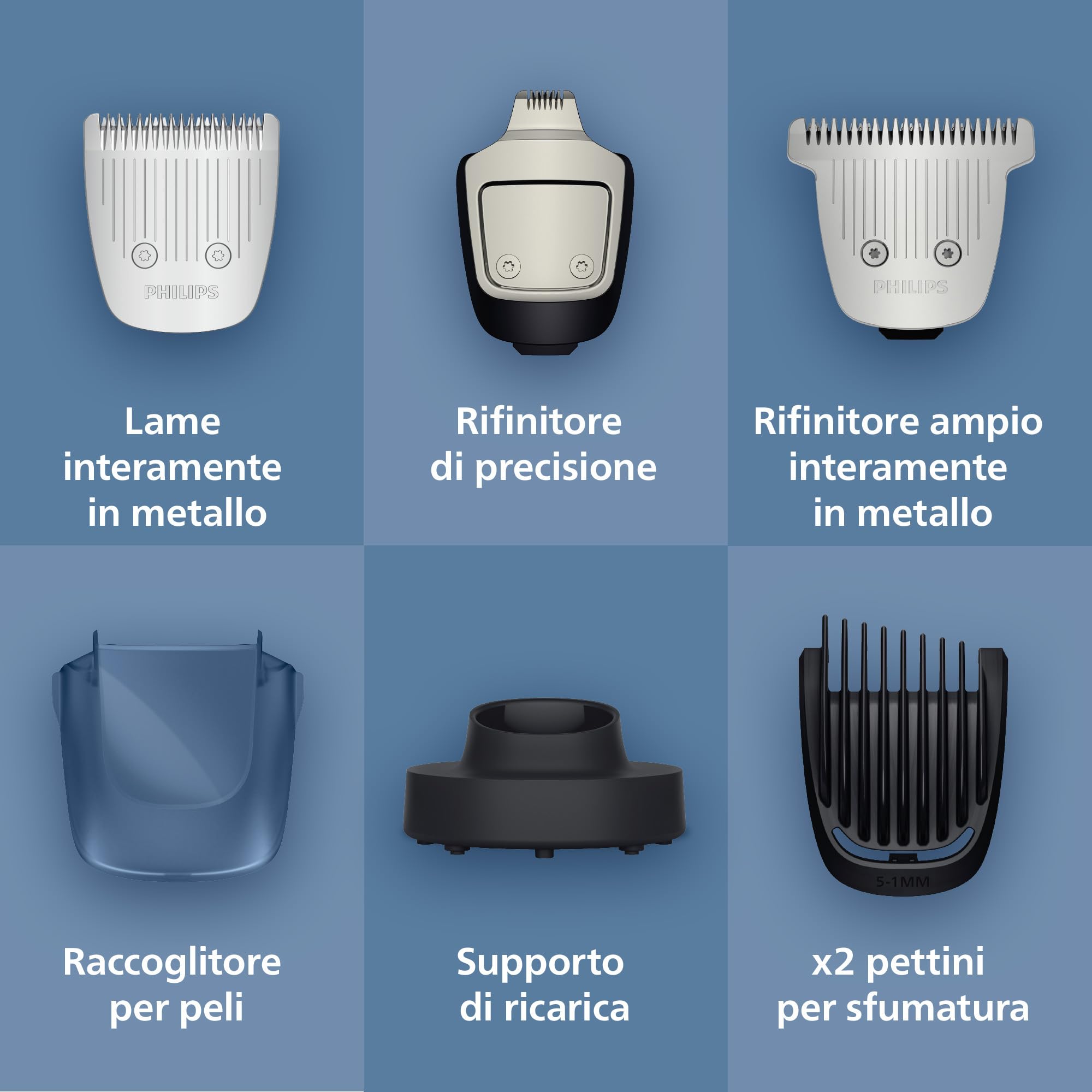 Regolabarba Philips serie 7000 - Lame in metallo autoaffilanti, 40 impostazioni di lunghezza, tecnologia BeardSense, raccoglitore per peli, 100% impermeabile, rifinitore ampio, modello BT7670/15