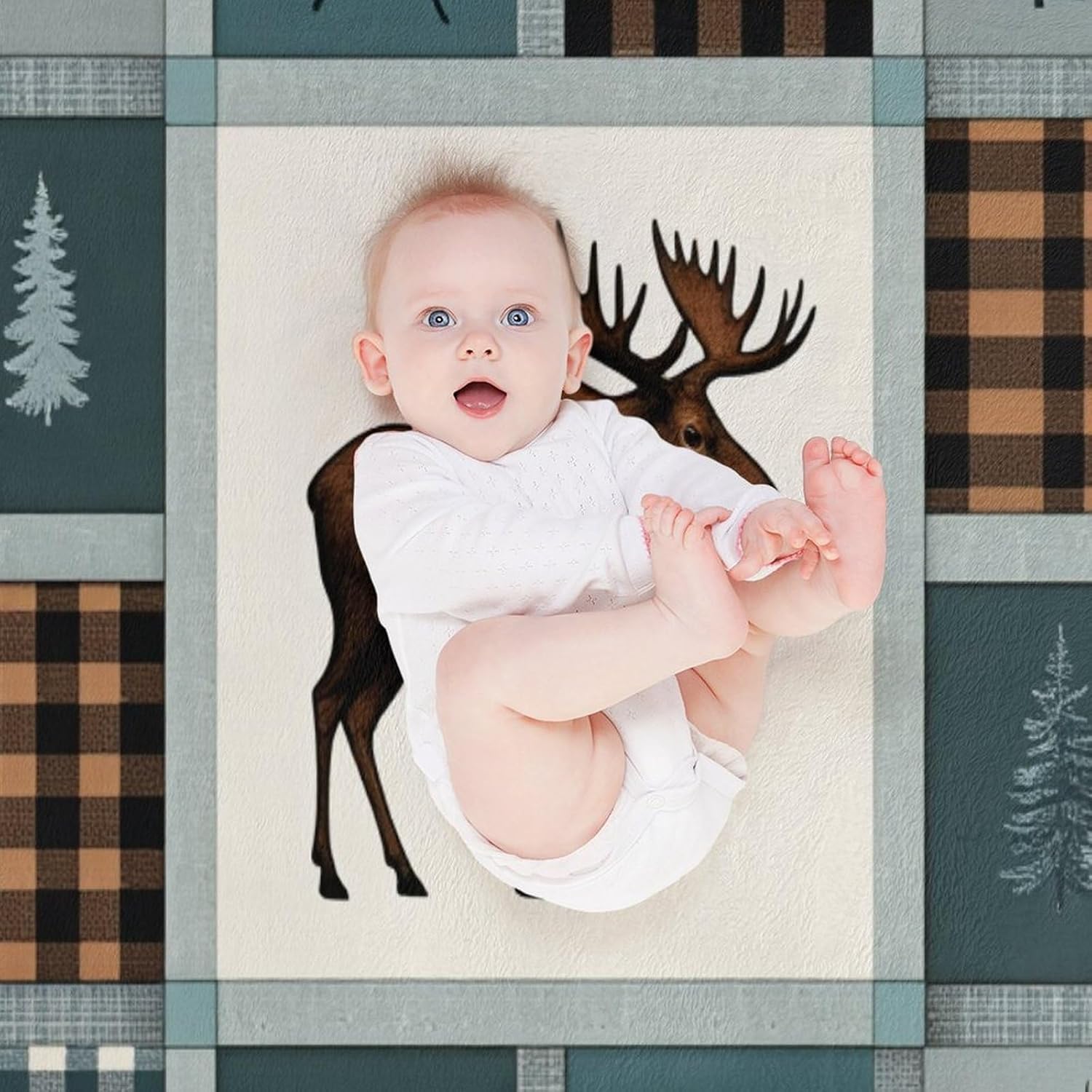 Vintage Checkered Moose Deer Bear Tree Super Soft Throw Blanket, Plaid Pine Cone Brown Flannel Fleece Decorative Throw for Sofa Couch Bedroom Decor Outdoor Use 60"x80"