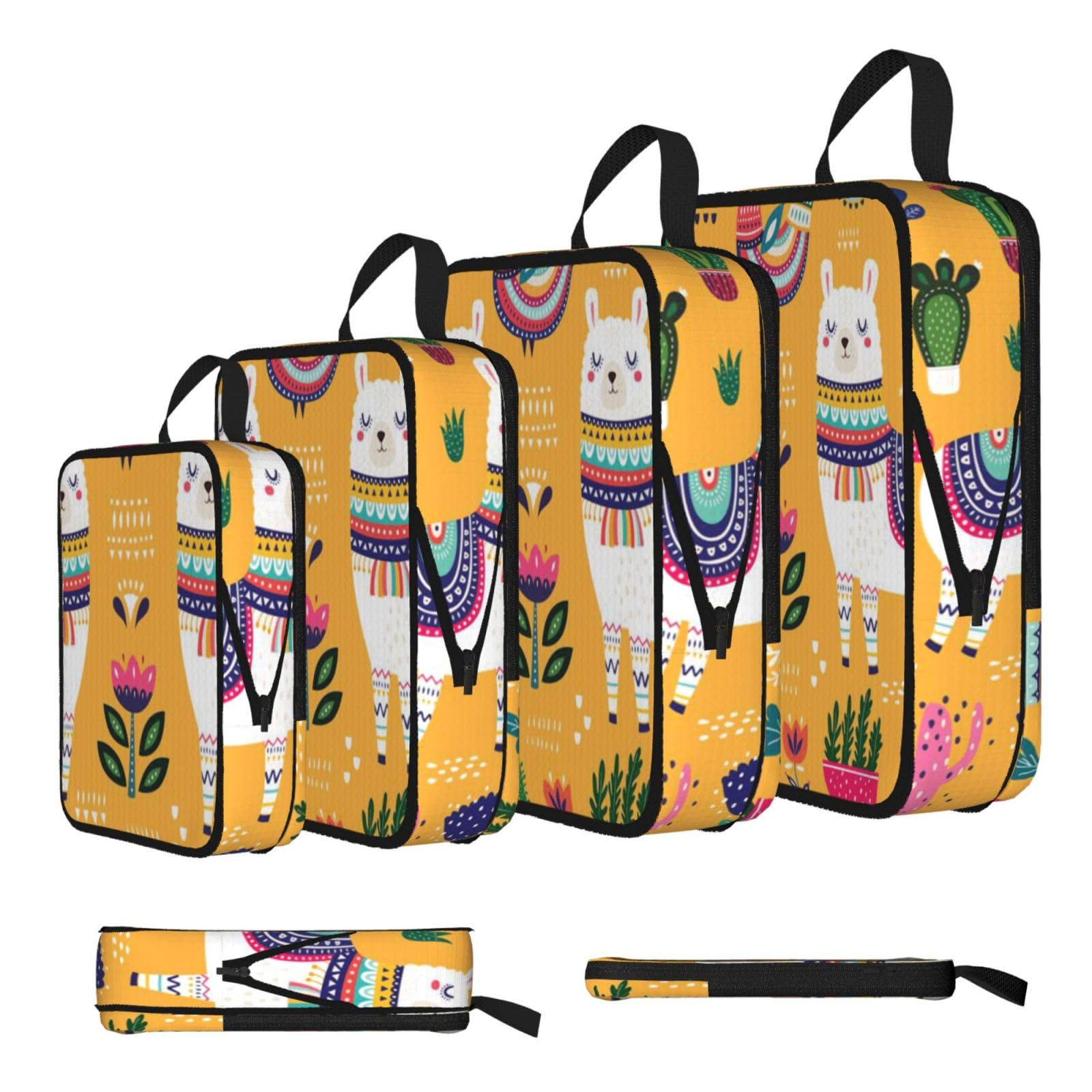 Cartoon Alpaca Cute Animal Print 4 Set Compression Packing Cubes For Suitcases,Expandable Storage Bags Organizers