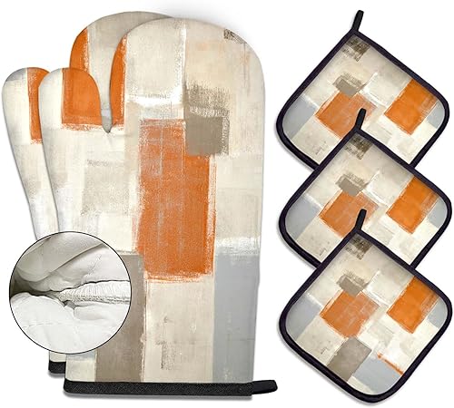Miniatura 7 de MCALK Juego de 5 manoplas de horno naranjas y soportes para ollas, guantes de horno beige y almohadillas calientes para cocina de cocina, manoplas