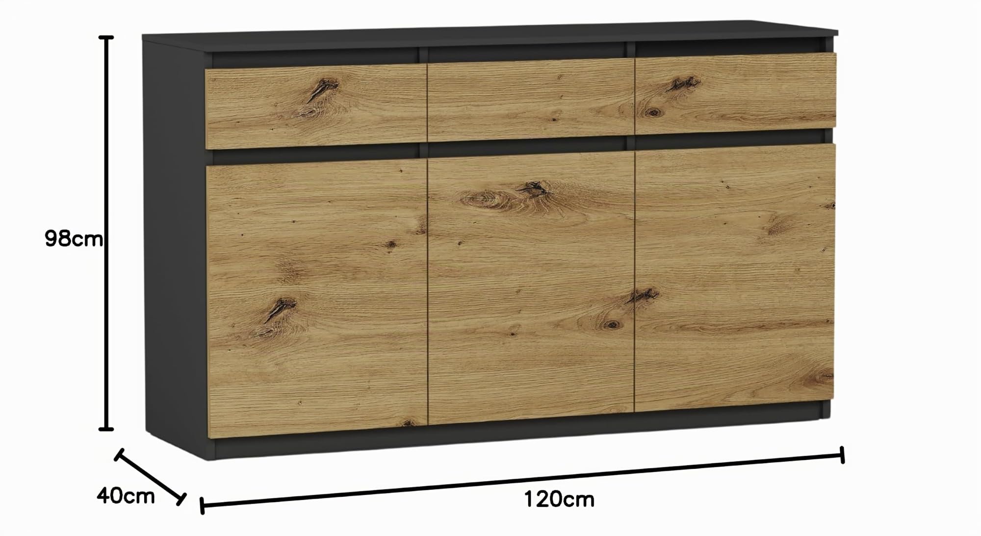 Highboard Anthrazit/Artisan Eiche 120x40x98 cm – 3-türige Kommode mit Schubladen, Sideboard für Wohnzimmer, Esszimmer & Schlafzimmer, modernes Schrankmöbel, Modern S-3